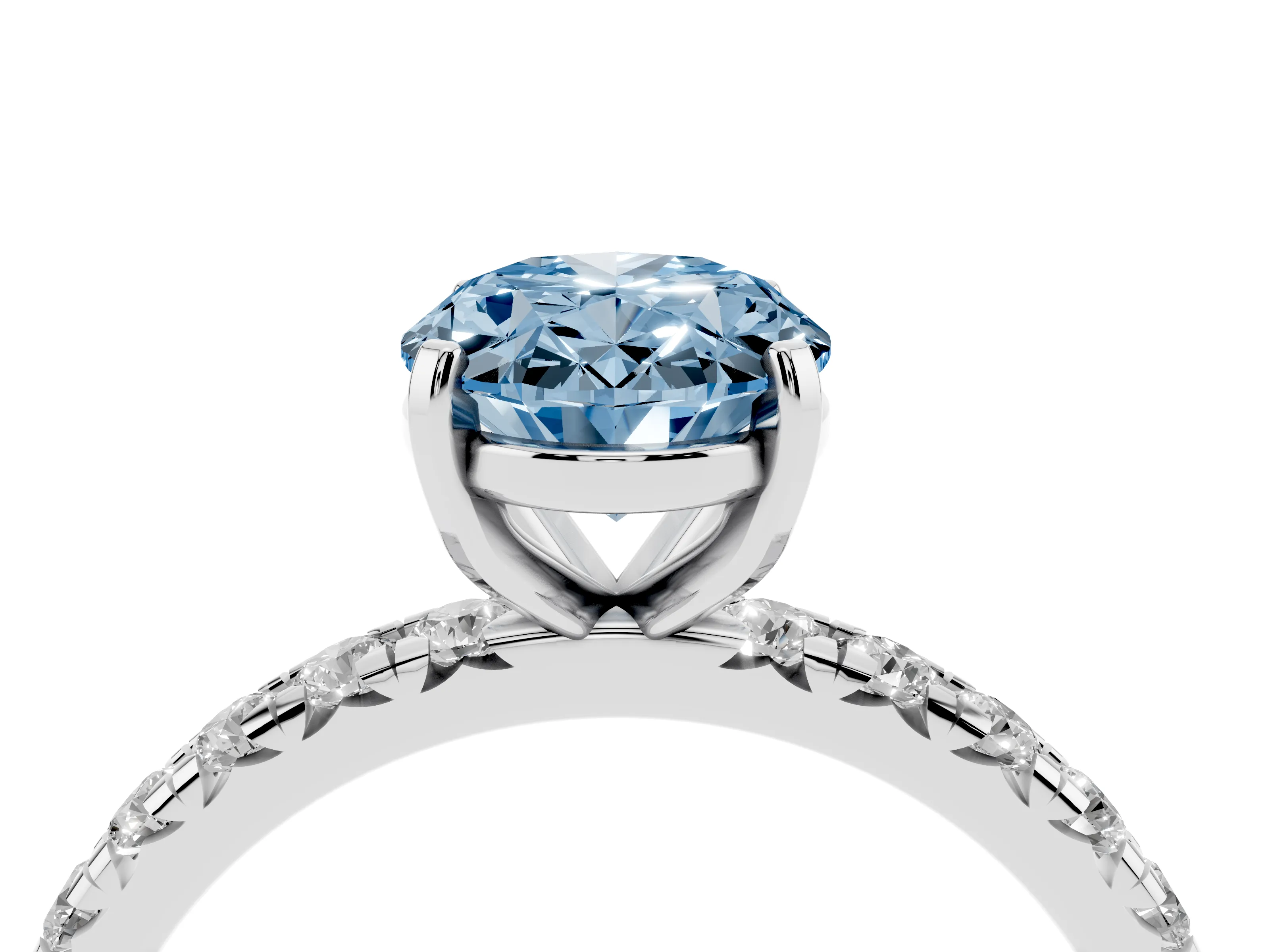 Fancy Blue Oval Cut Diamond Pavé Solitaire Ring Set in Silver with Round Band and Prong Setting