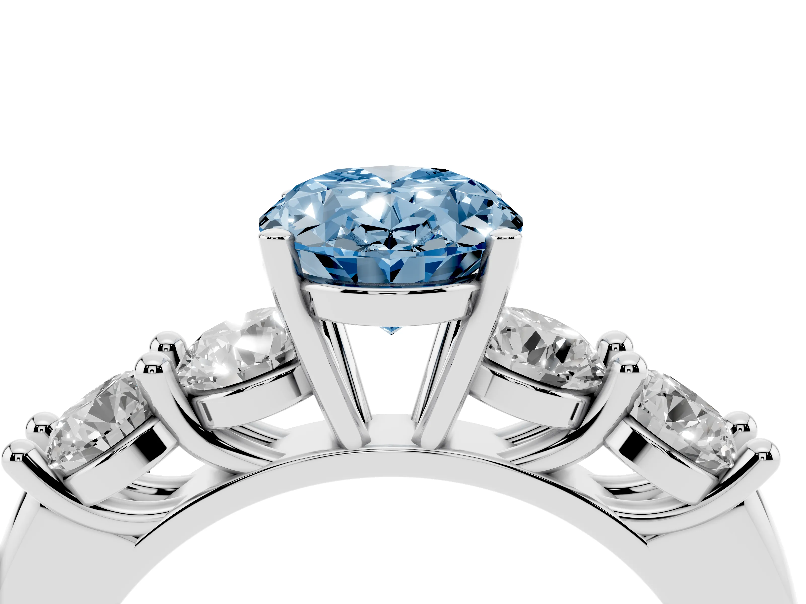 Fancy Blue Oval Cut Diamond Five-Stone Prong Set Ring Set in White gold with Classic Band