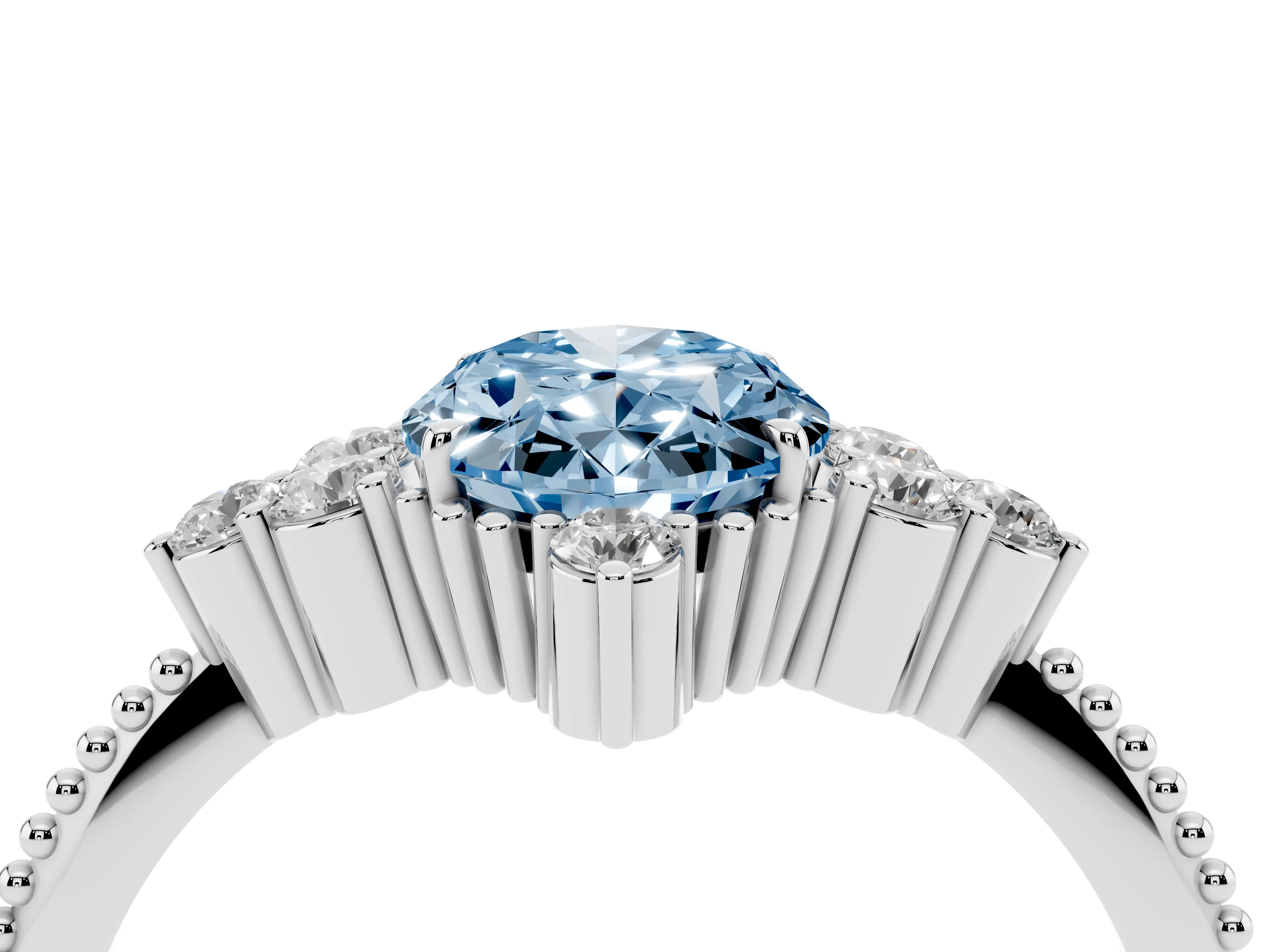 Fancy Blue Oval Cut Diamond Cluster Ring Set in Platinum with Beaded Band