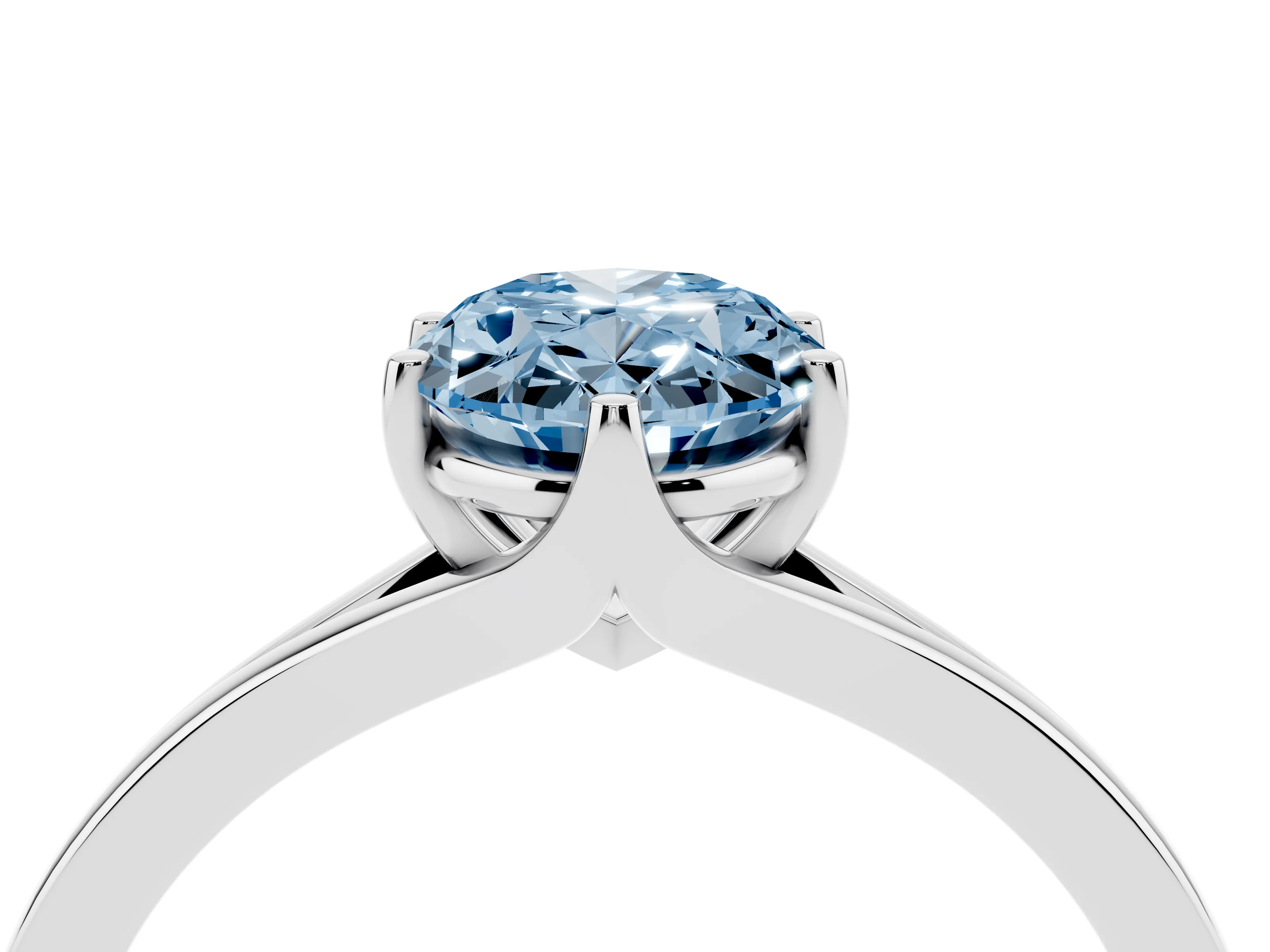 Fancy Blue Oval Cut Diamond Solitaire Ring Set in Silver with Polished Tapered Band and Prong Setting