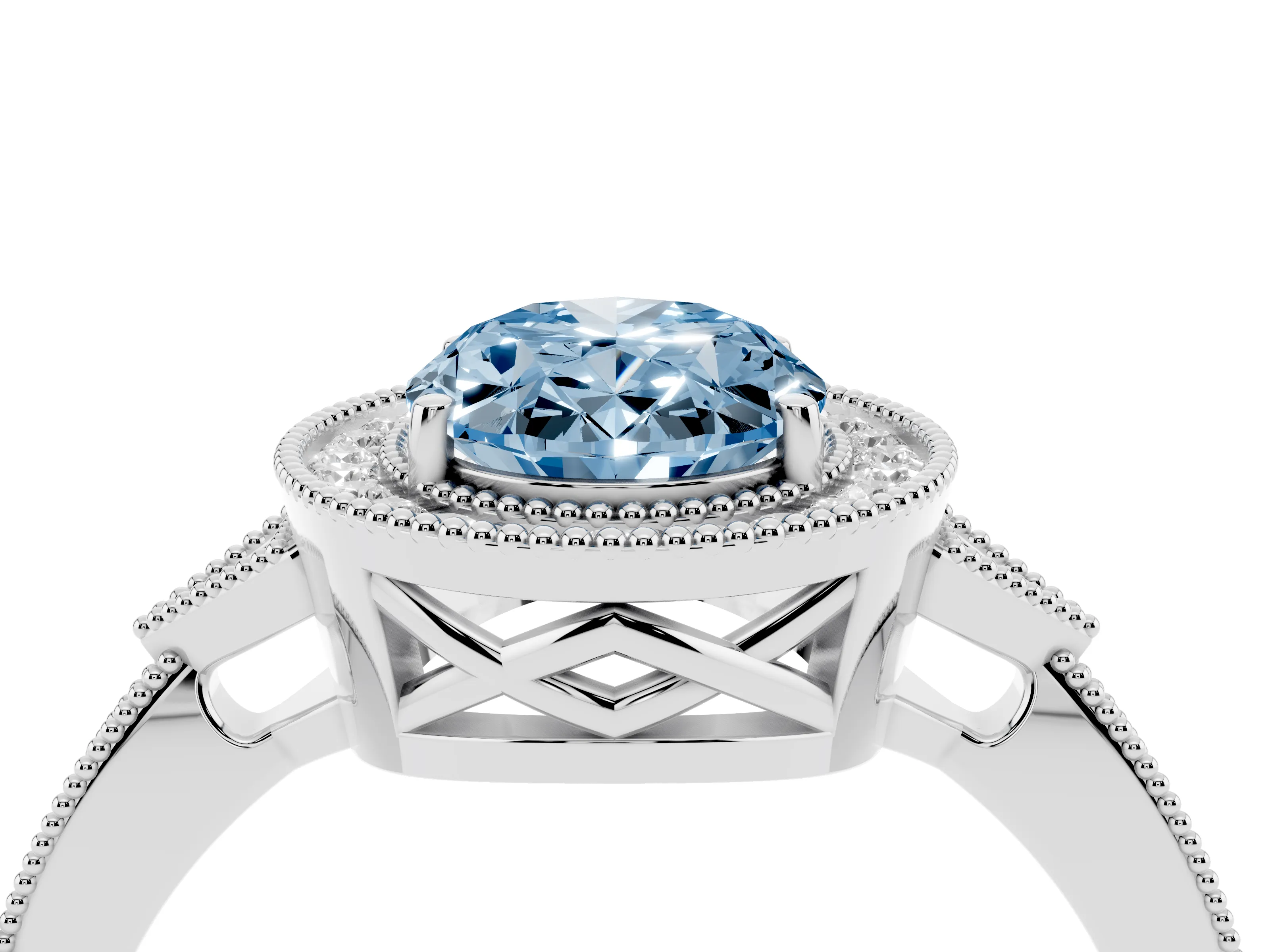 Fancy Blue Oval Cut Diamond Halo Engagement Ring Set in White gold with Milgrain Pavé Band