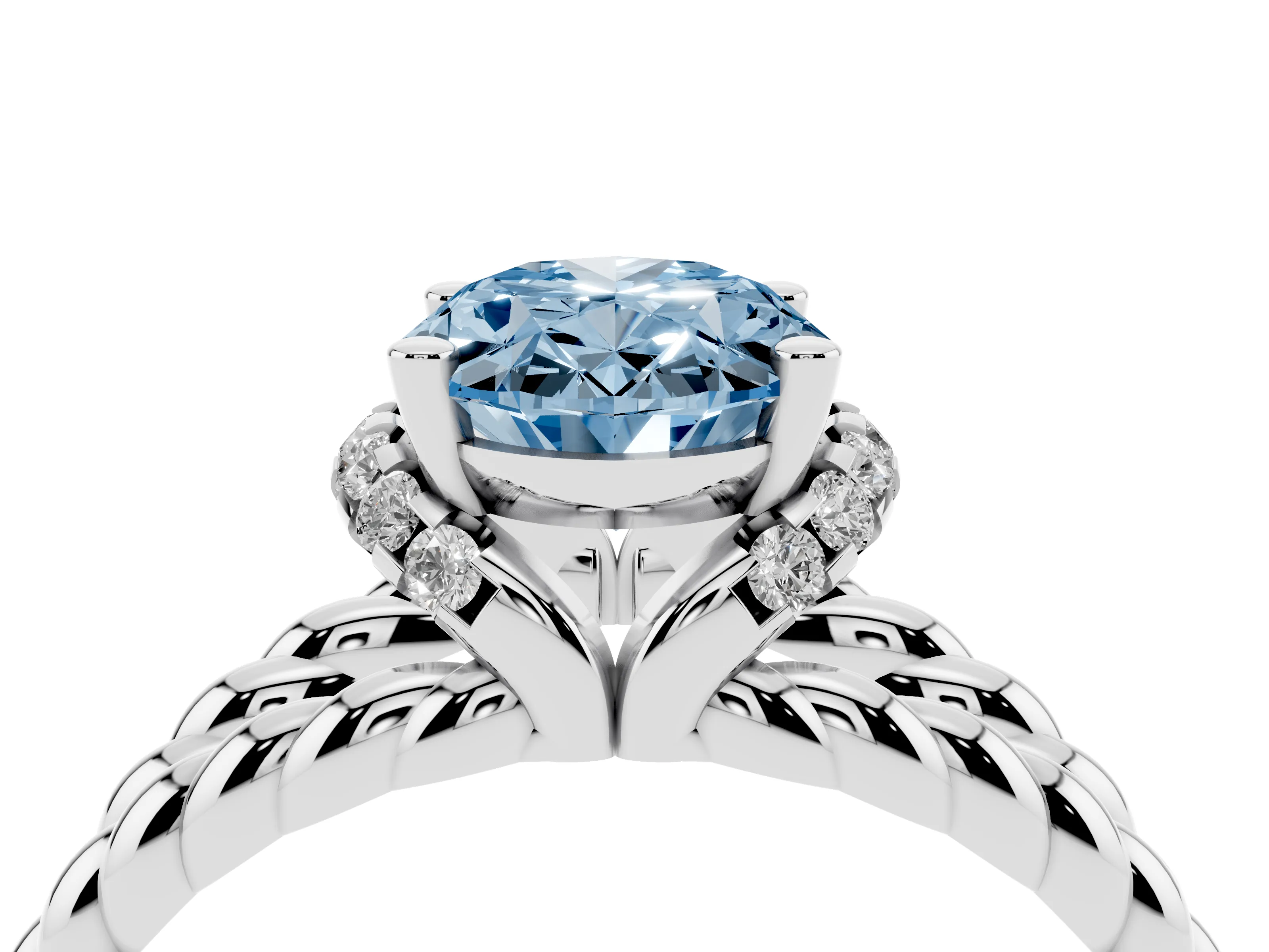 Fancy Blue Oval Cut Diamond Halo Ring Set in Platinum with Twisted Band and Prong Setting