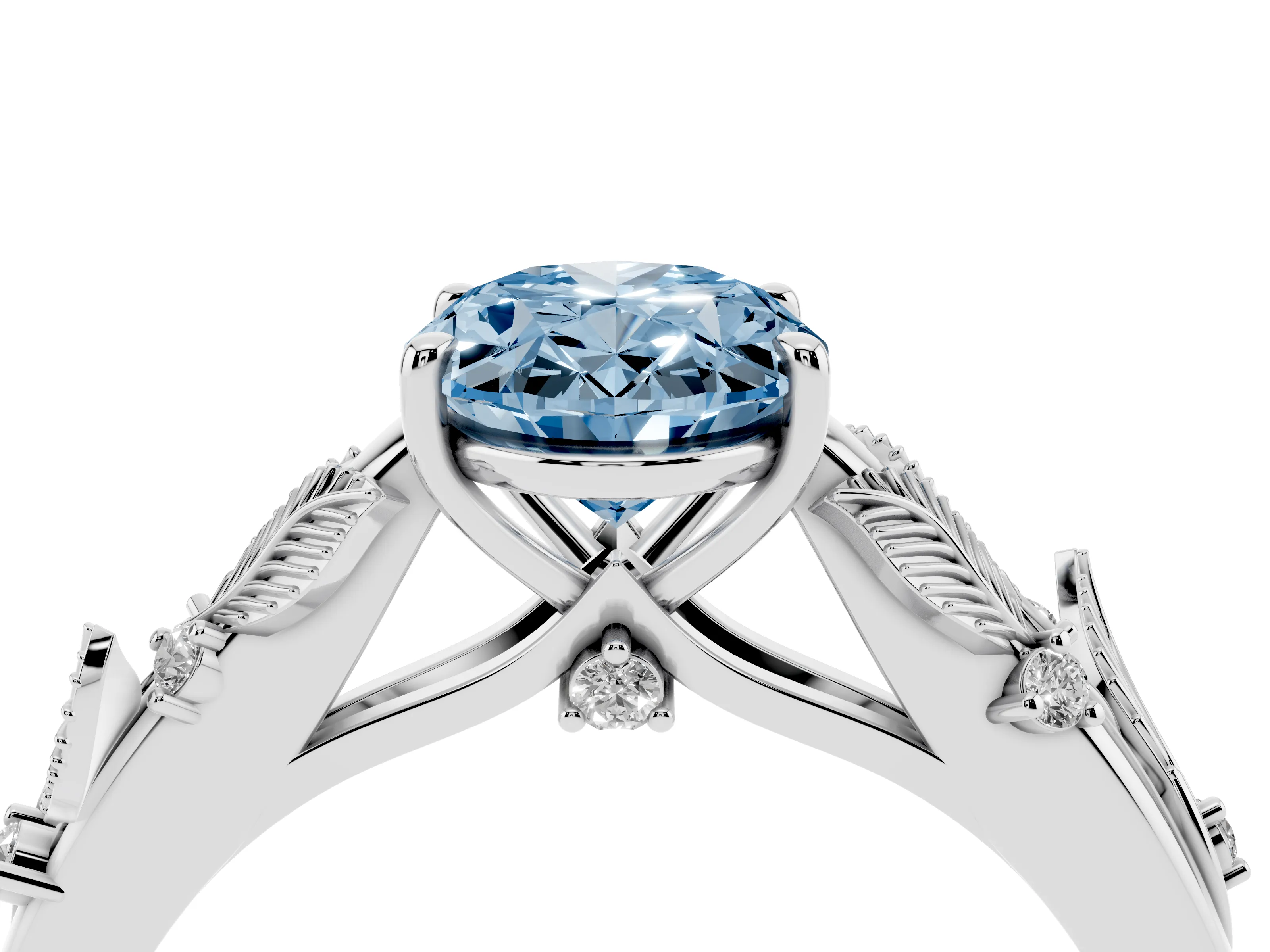 Fancy Blue Oval Cut Diamond Solitaire Ring Set in Platinum with Leaf Motif Band