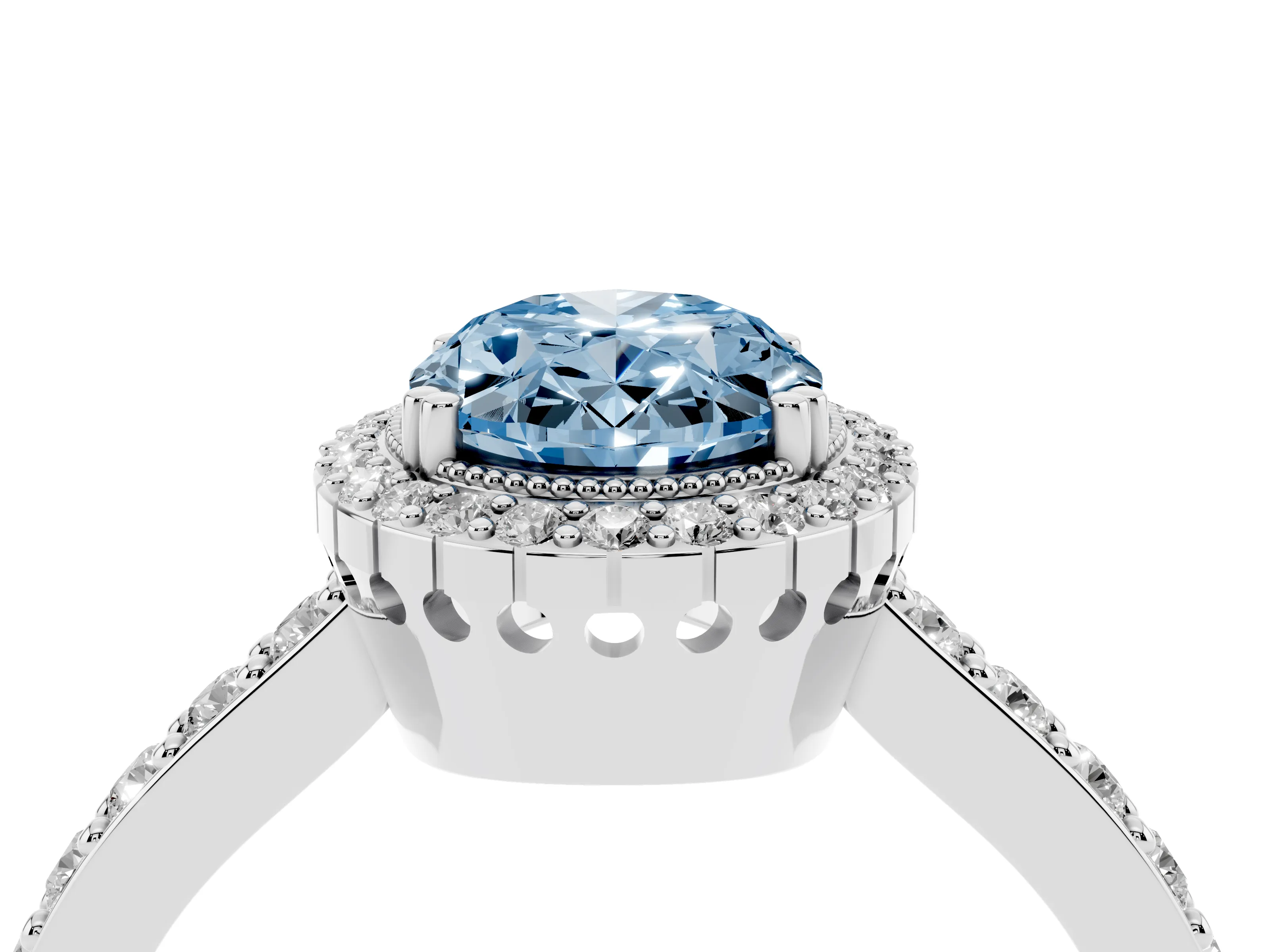 Fancy Blue Oval Cut Diamond Halo Engagement Ring Set in White gold with Milgrain Detail and Pavé Band