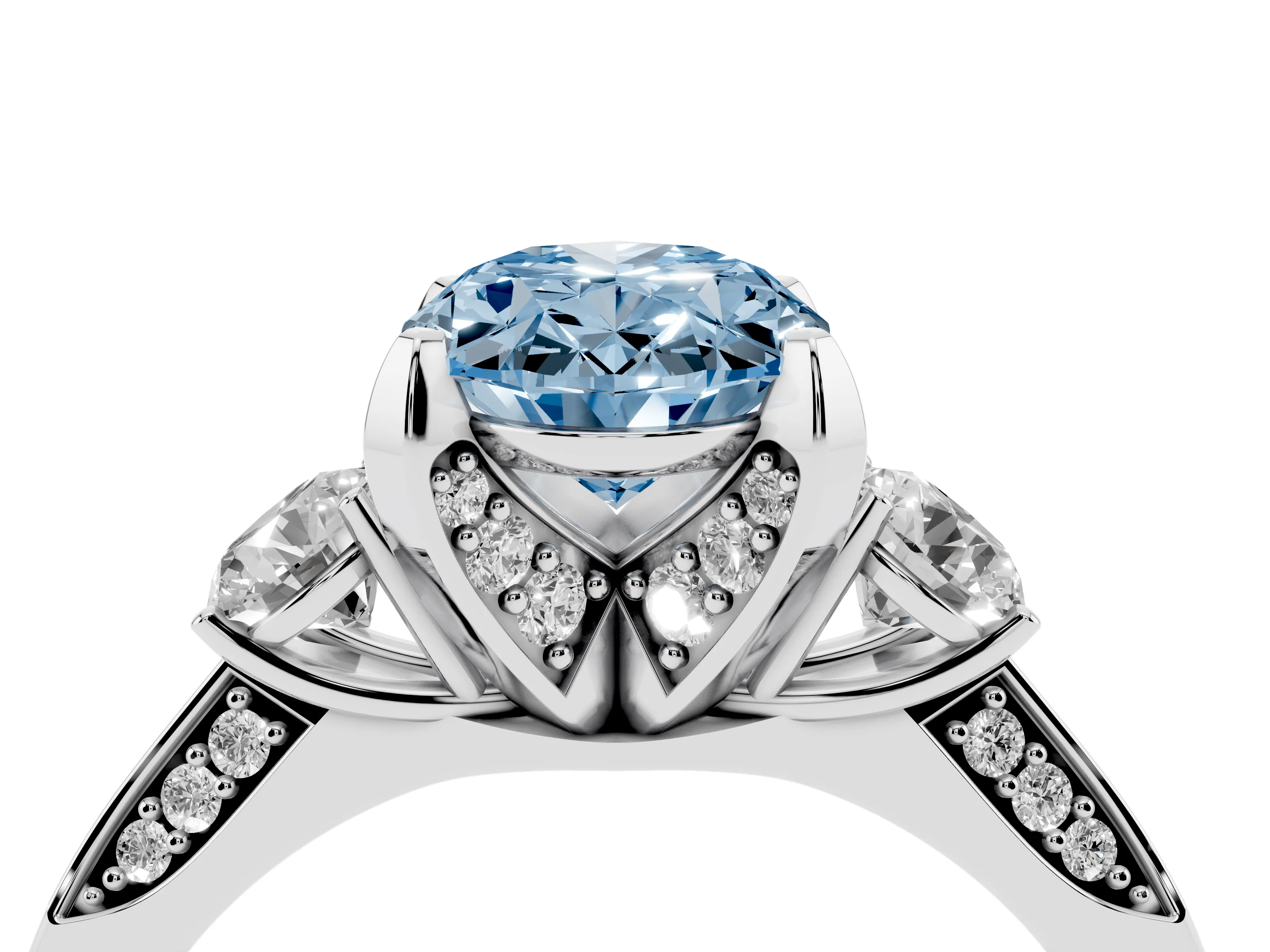 Fancy Blue Oval Cut Diamond Three-Stone Ring Set in White gold with Pavé Band and Smaller Side Stones