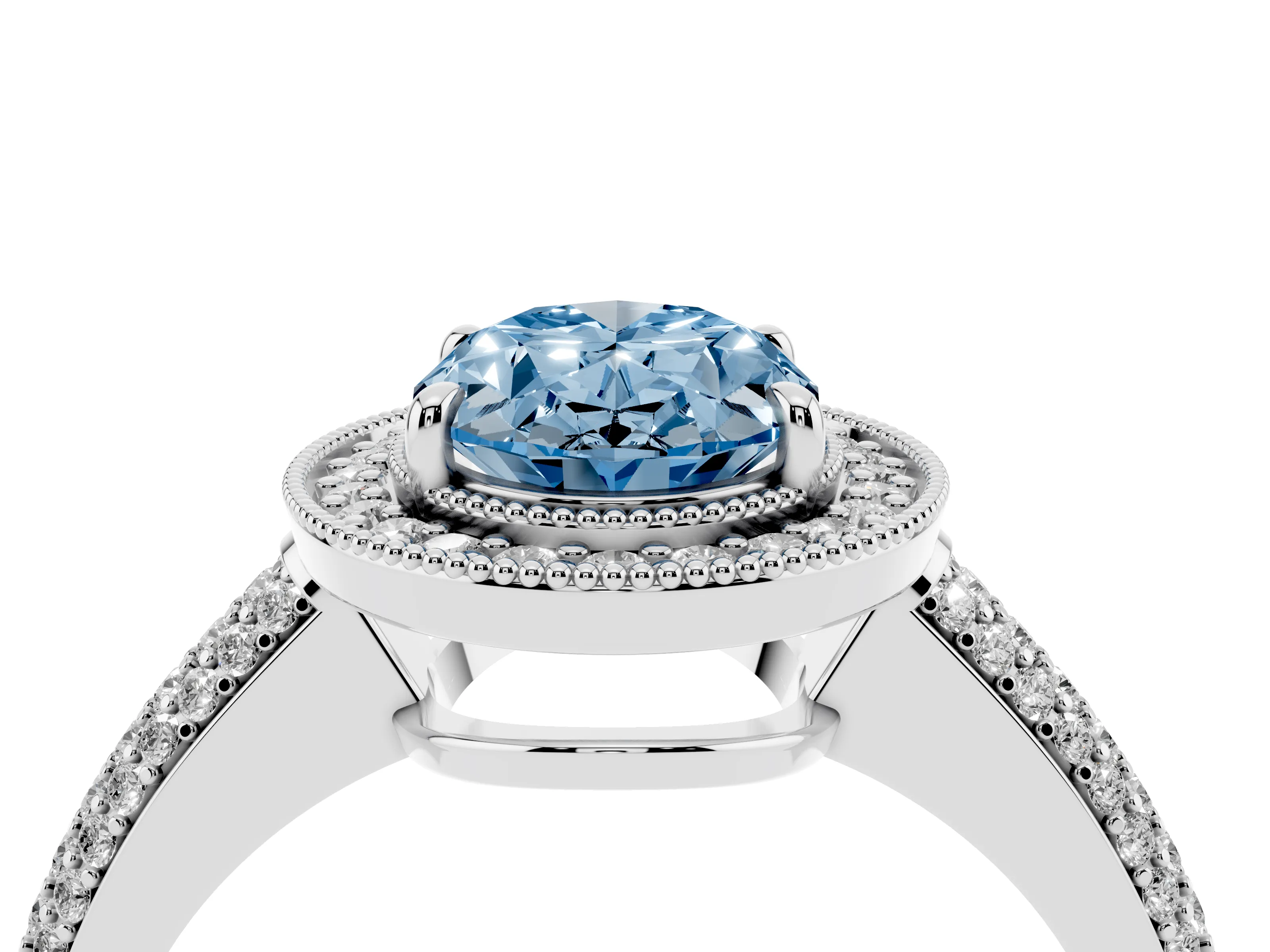 Fancy Blue Oval Cut Diamond Halo Pavé Band Set in Silver with Prong Setting