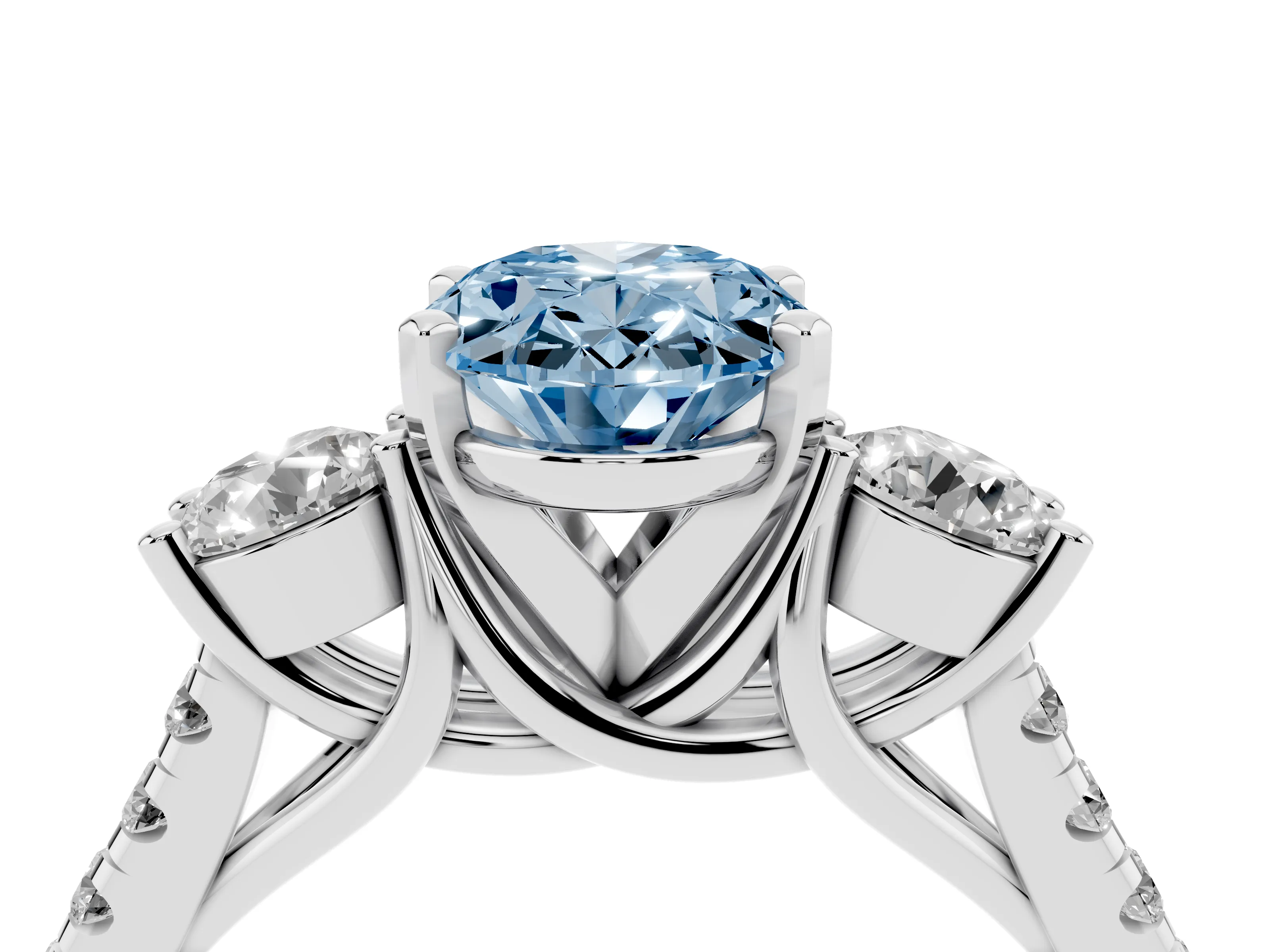 Fancy Blue Three-Stone Oval Cut Diamond Pavé Band Ring Set in Platinum with Prong-Set Trio