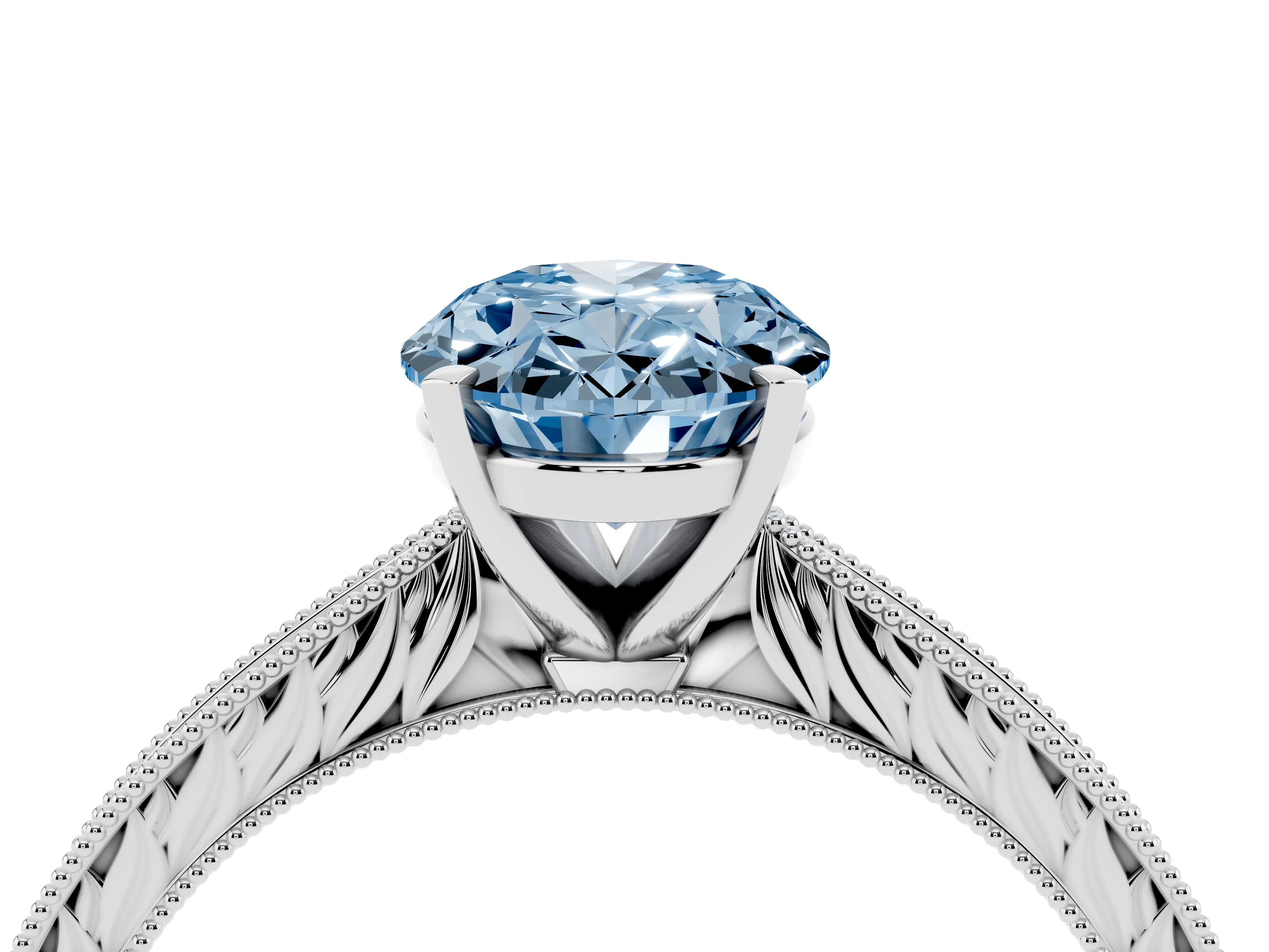 Fancy Blue Oval Cut Diamond Solitaire Milgrain Engraved Band Set in Platinum with Prong Setting