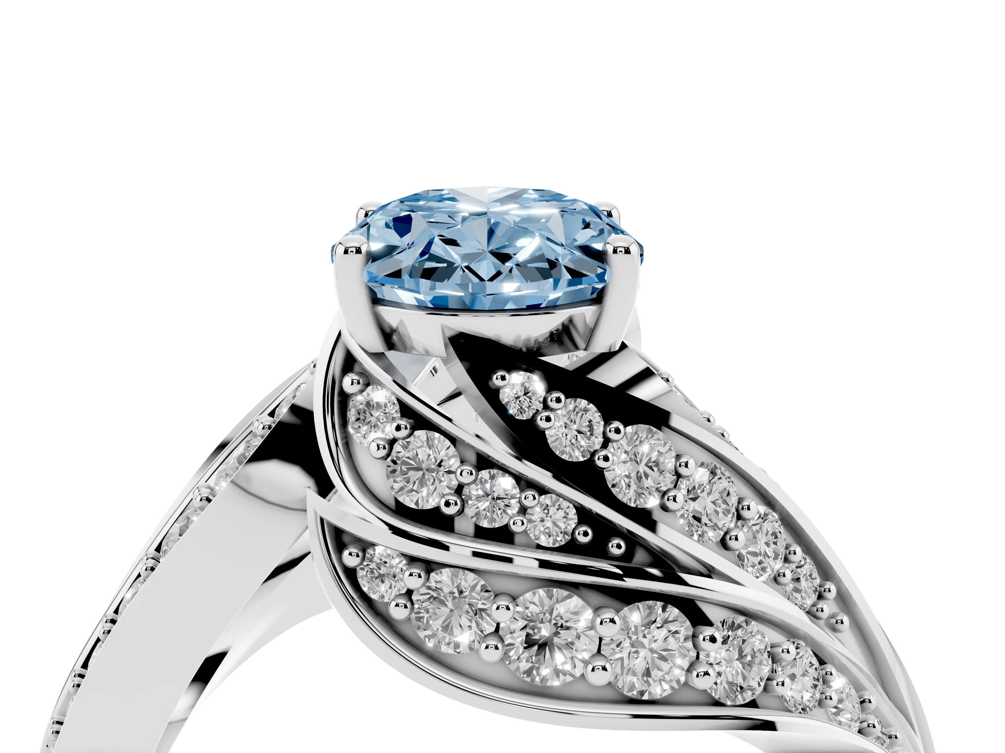 Fancy Blue Oval Cut Diamond Solitaire Ring Set in Silver with Layered Twist Pavé Band