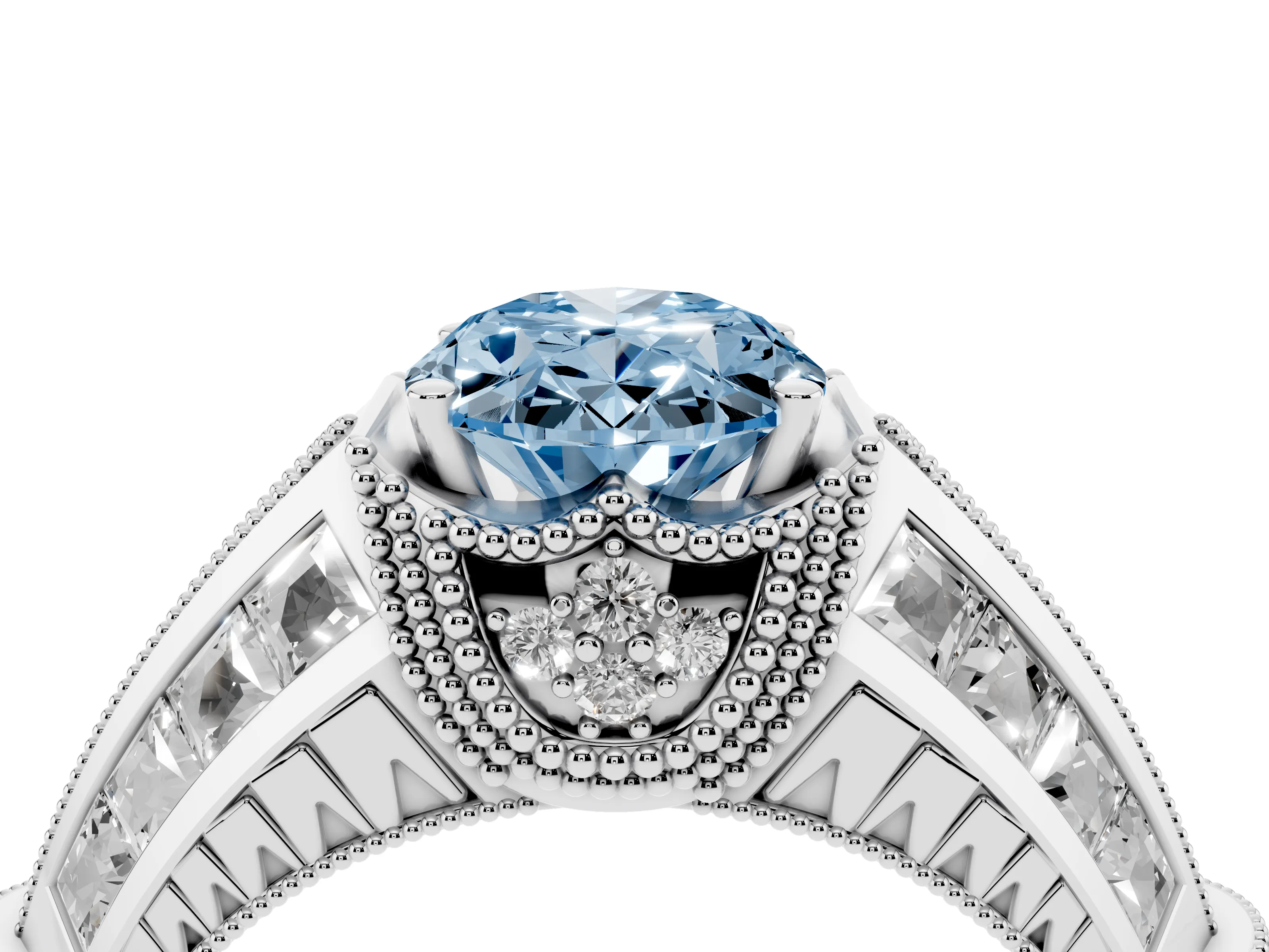 Fancy Blue Oval Cut Diamond Vintage-Inspired Milgrain Ring Set in Silver with Accent Split Shank
