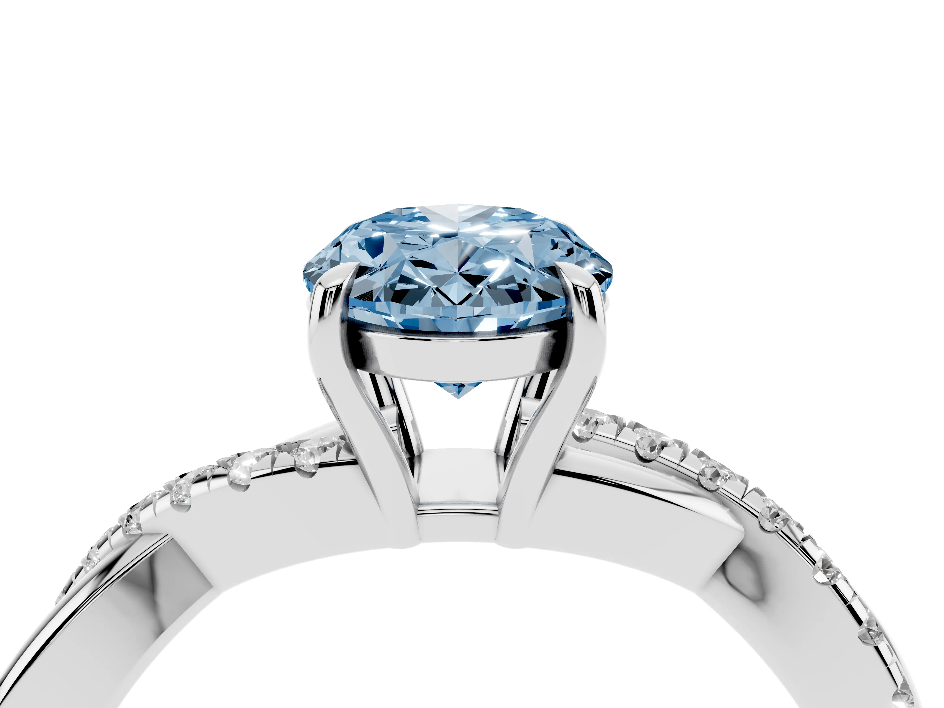 Fancy Blue Oval Cut Diamond Twisted Pavé Band Ring Set in Silver with Prong Setting