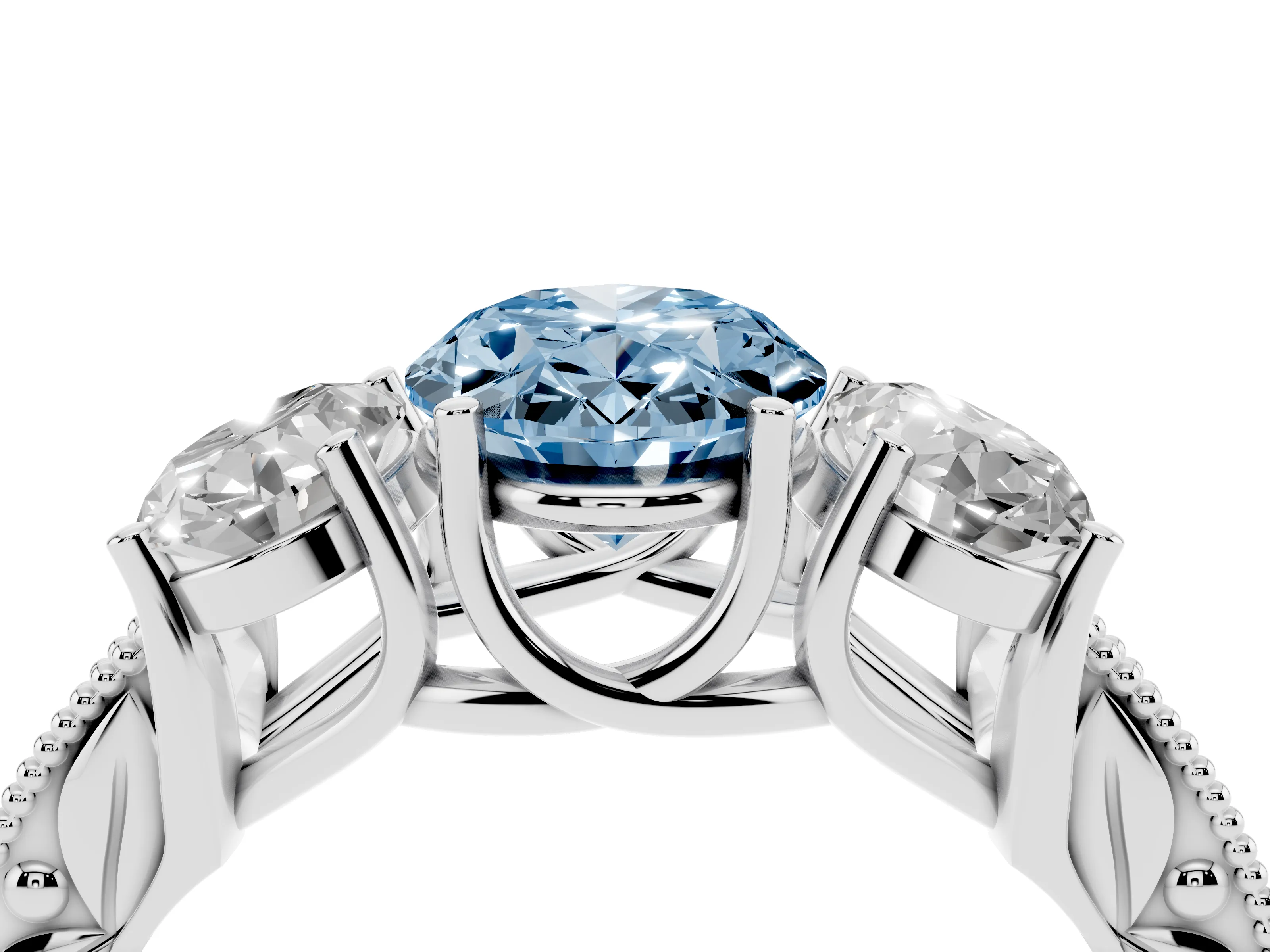 Fancy Blue Oval Cut Diamond Three-Stone Engagement Ring Set in White gold with Milgrain Pavé Band