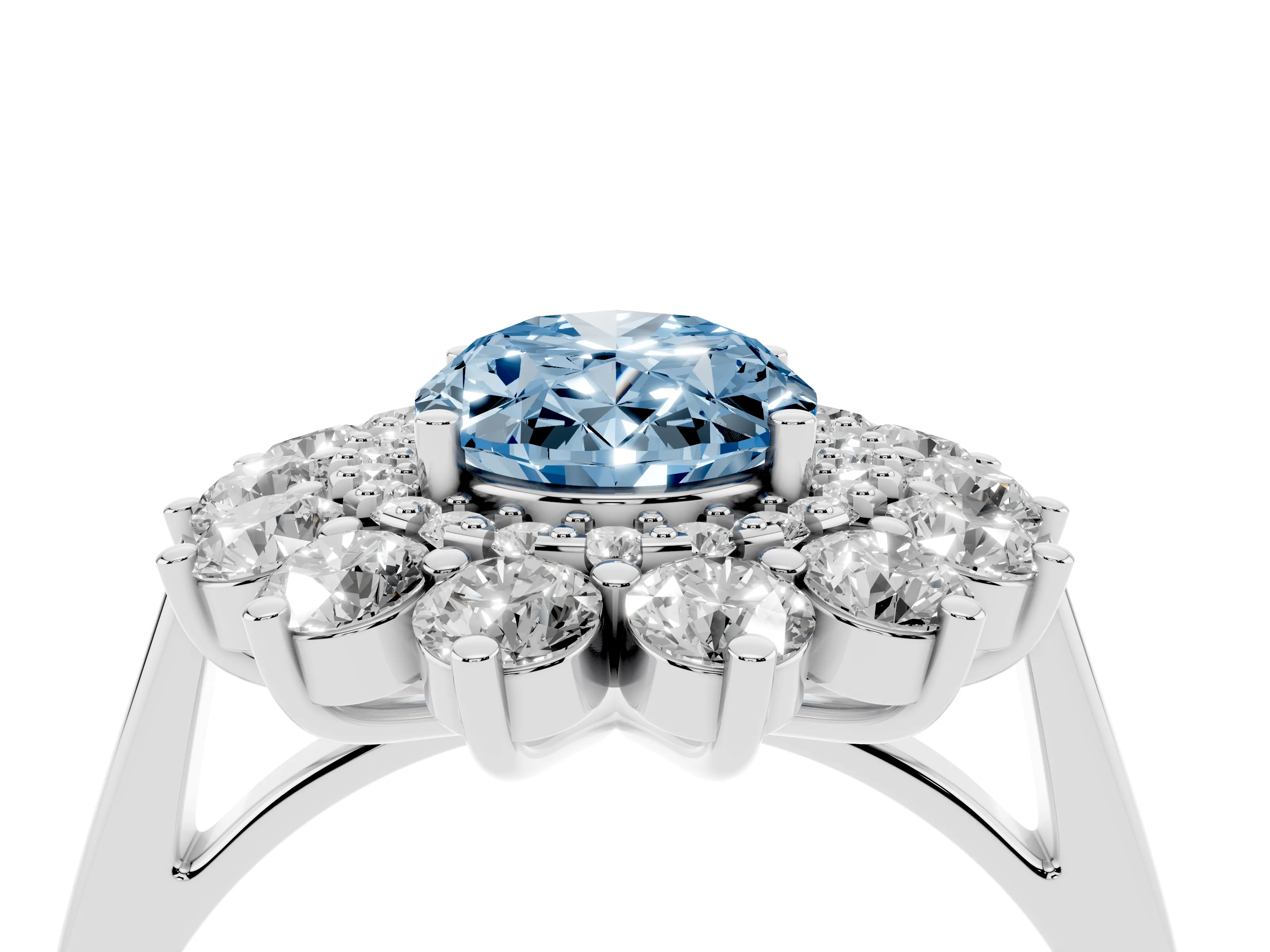 Fancy Blue Oval Cut Diamond Floral Double Halo Ring Set in Platinum with Round Petals
