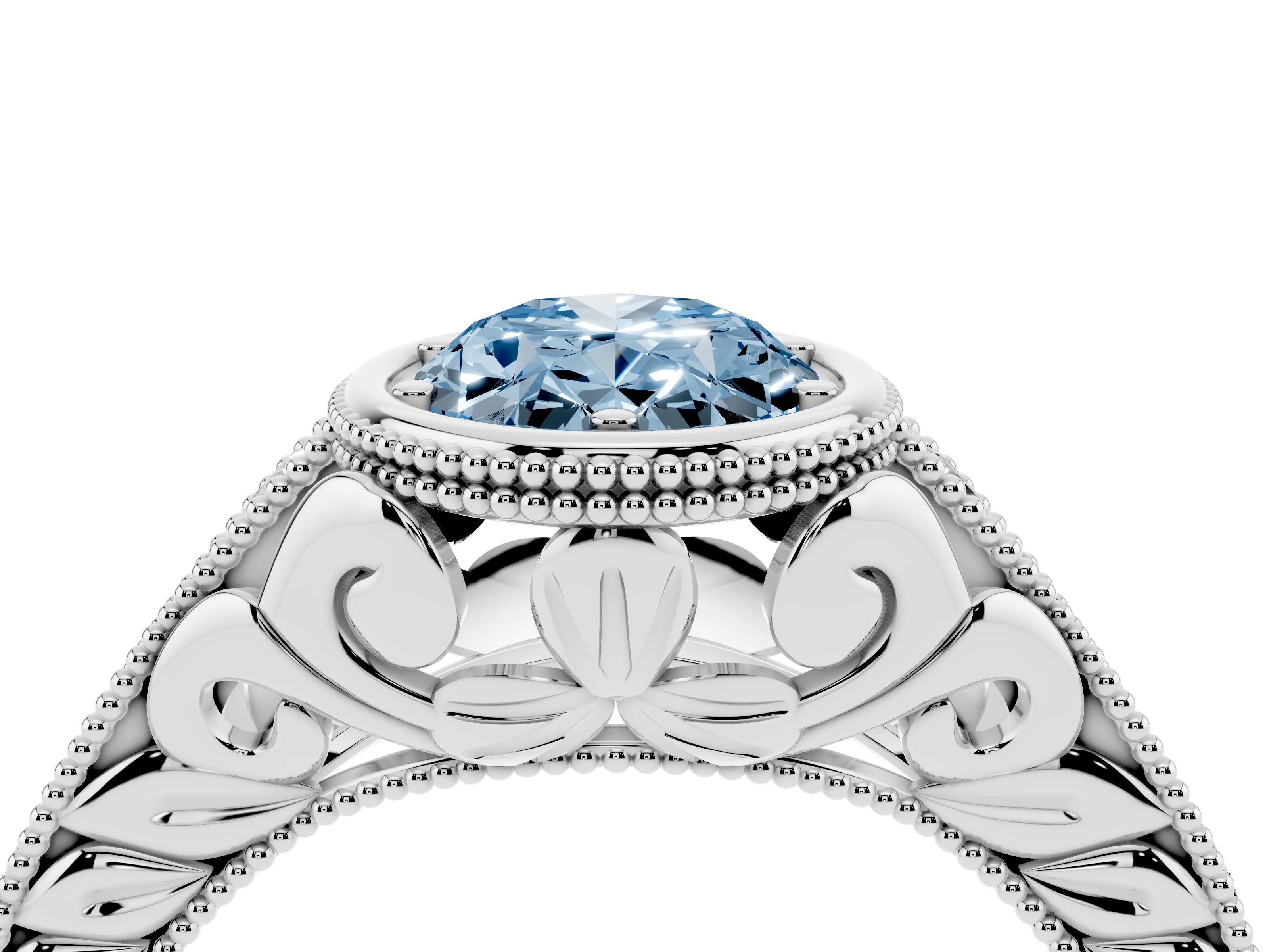 Fancy Blue Bezel Set Oval Cut Diamond Milgrain Pavé Engagement Ring Set in Silver