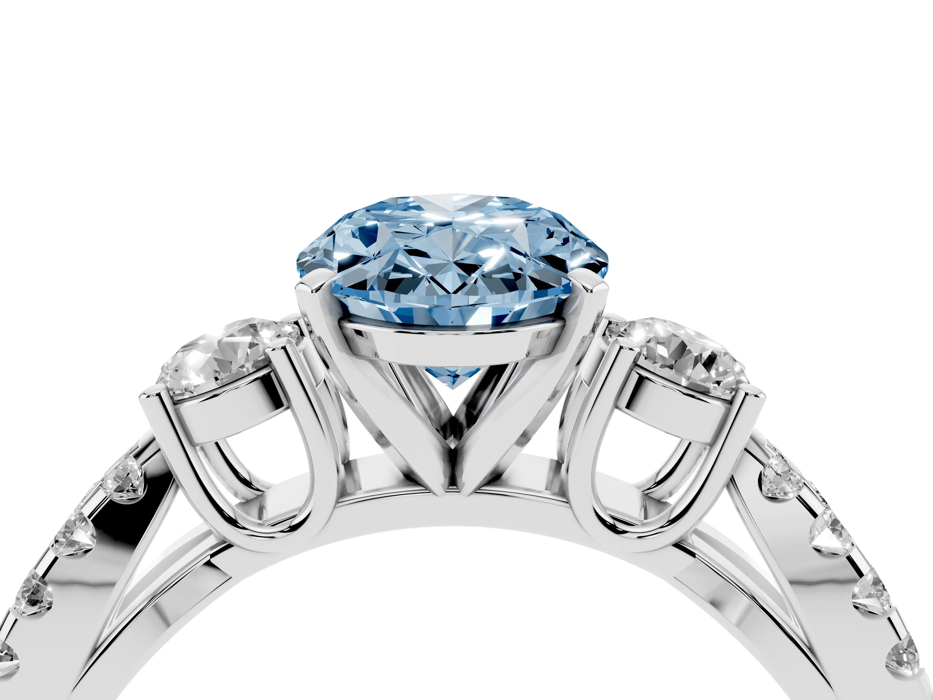 Fancy Blue Oval Cut Diamond Three-Stone Ring Set in Silver with Pavé Split Shank and Prong Setting