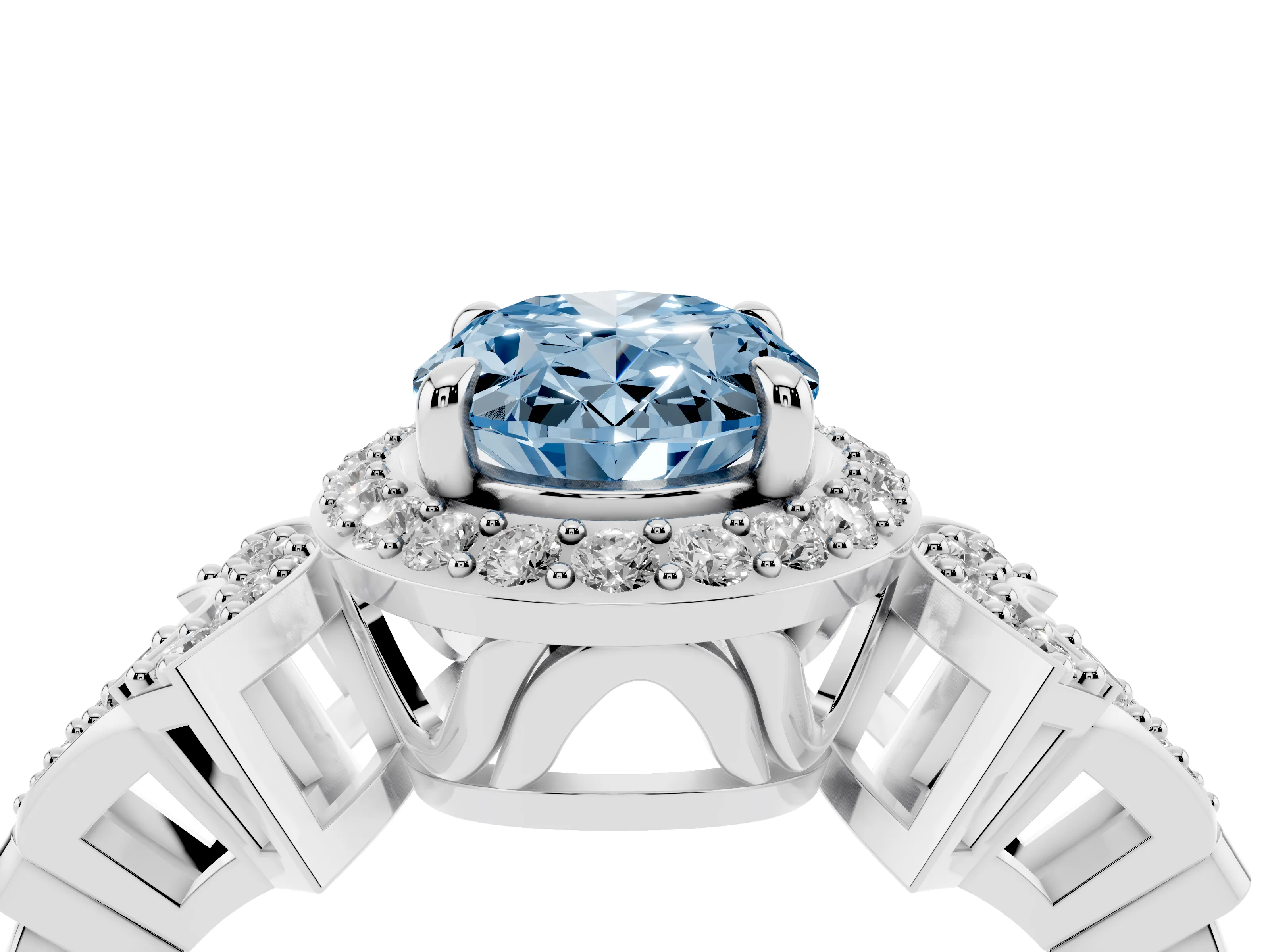Fancy Blue Oval Cut Diamond Halo Engagement Ring Set in Platinum with Accent Stone Split Shank
