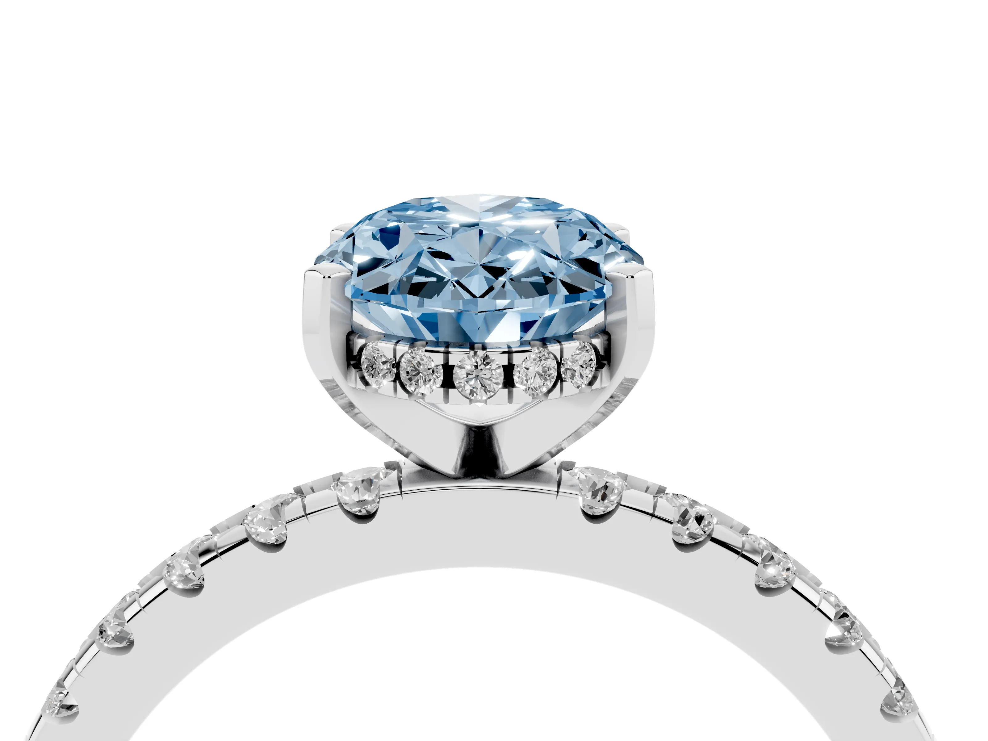 Fancy Blue Oval Cut Diamond Pavé Solitaire Ring Set in Platinum with Round Band Accents and Prong Setting