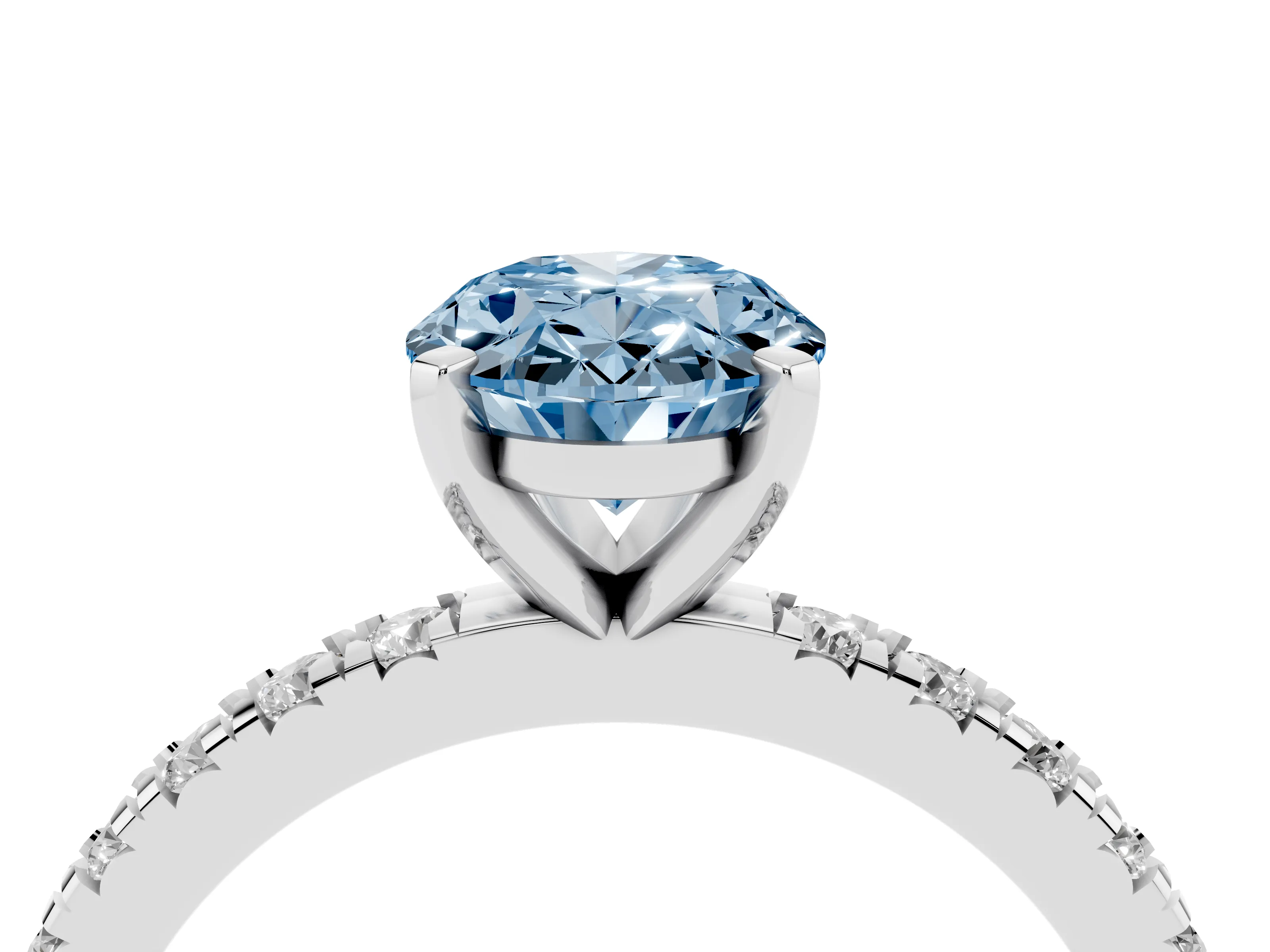 Fancy Blue Oval Cut Diamond Pavé Band Solitaire Set in Silver with Prong Setting