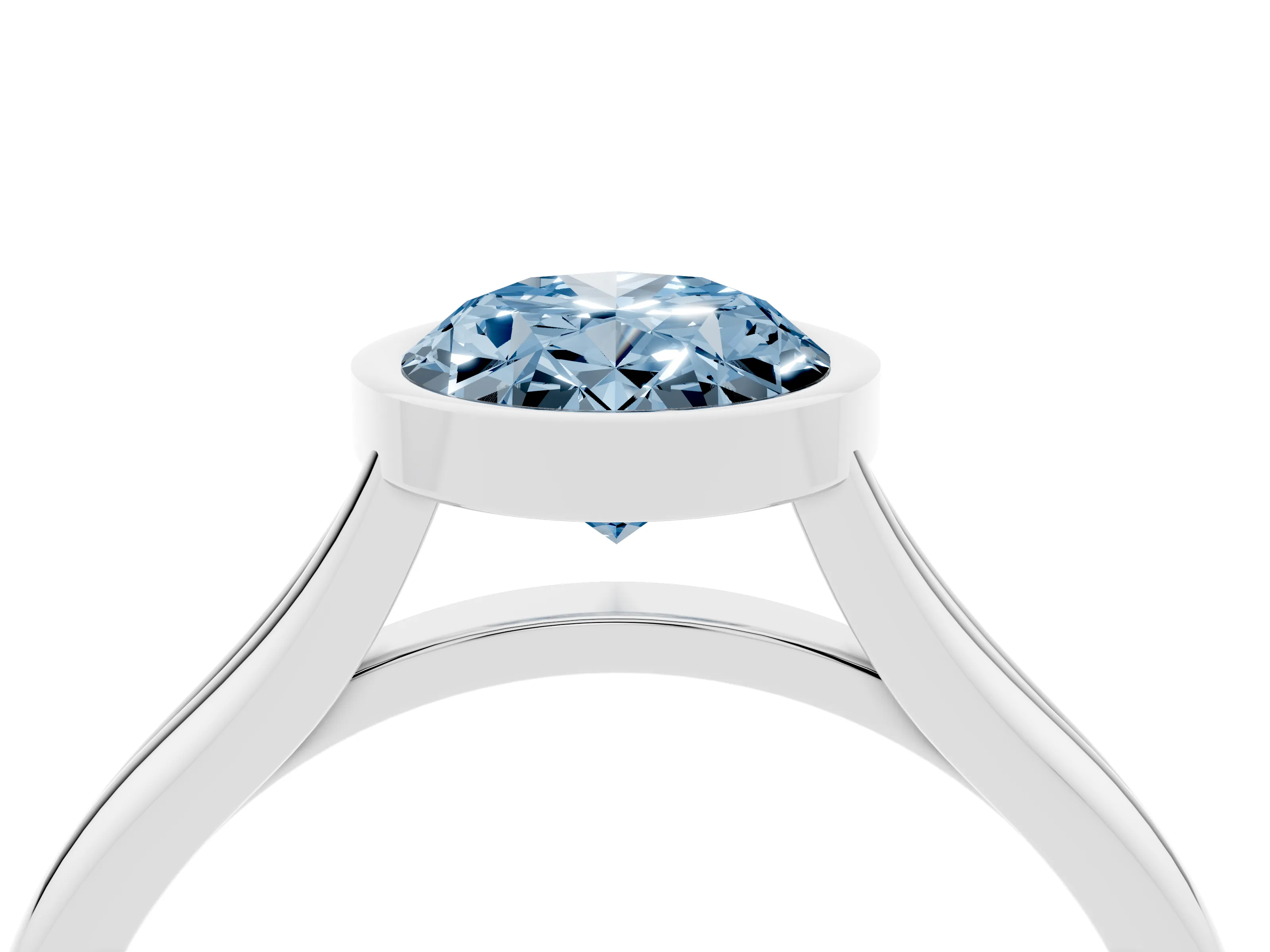 Fancy Blue Bezel Set Oval Cut Diamond Solitaire Ring Set in Silver with Tapered Band