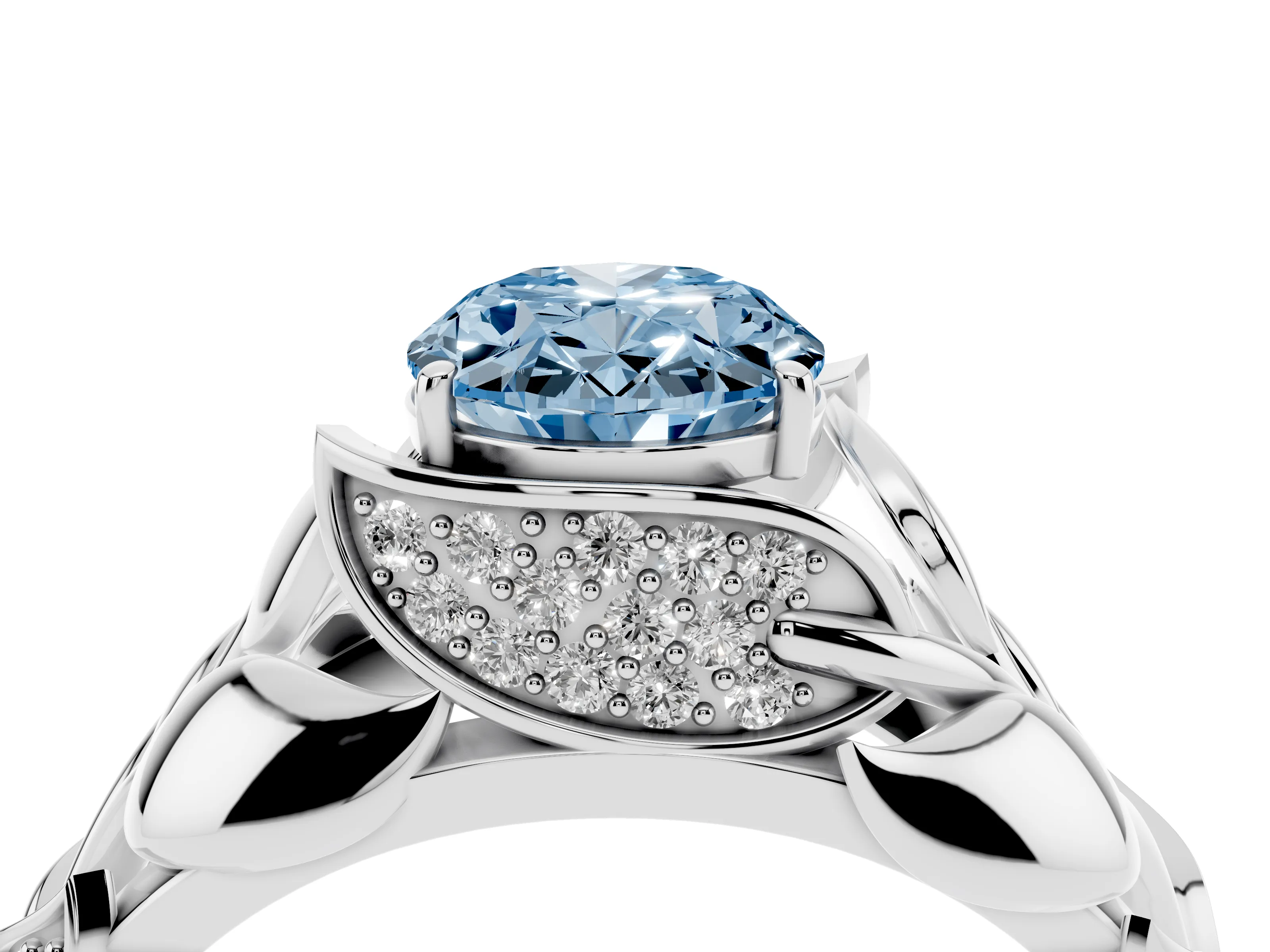 Fancy Blue Oval Cut Diamond Leaf-Inspired Engagement Ring Set in White gold with Round Accents
