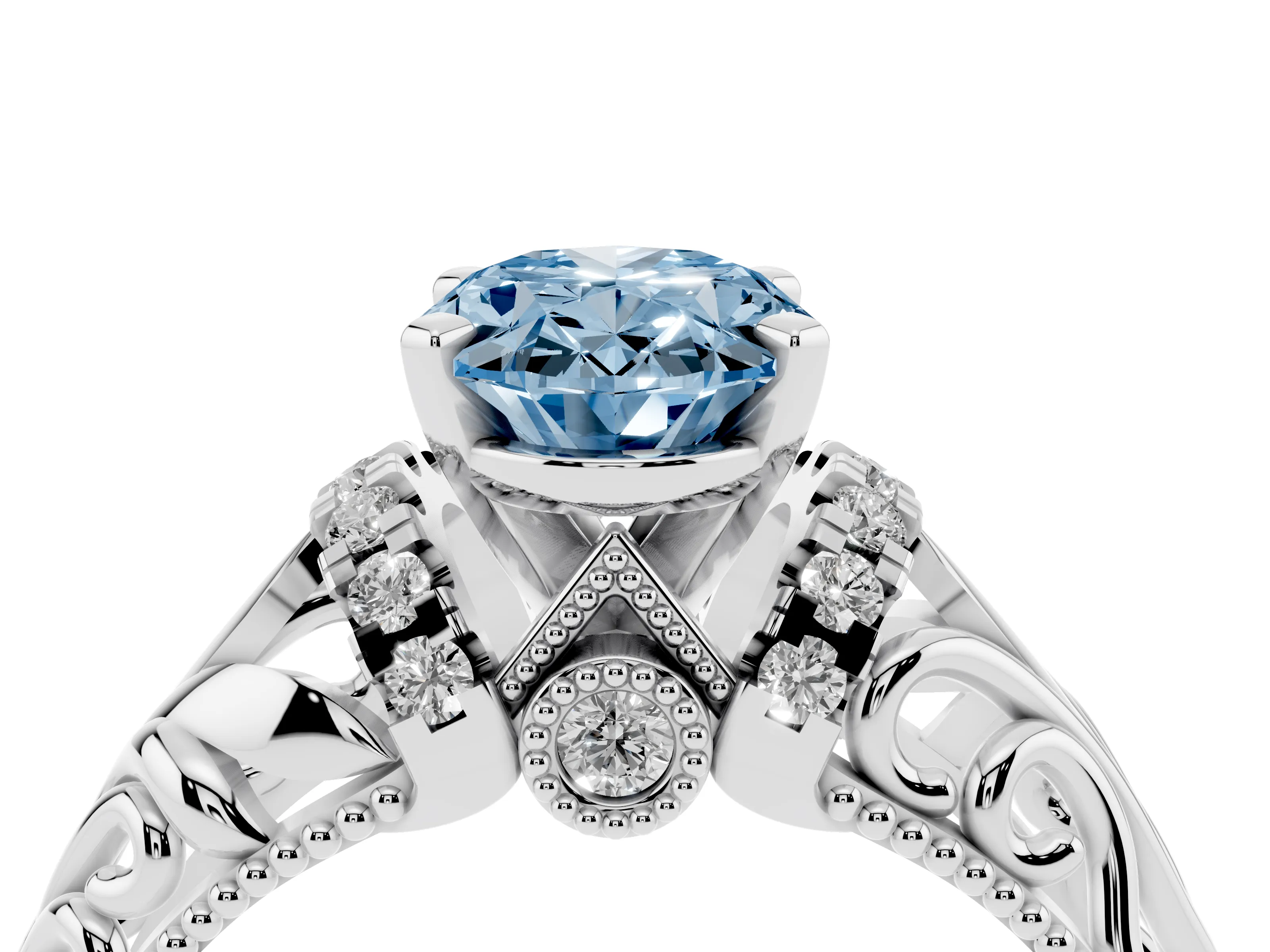 Fancy Blue Oval Cut Diamond Filigree Halo Engagement Ring Set in White gold with Prong Setting