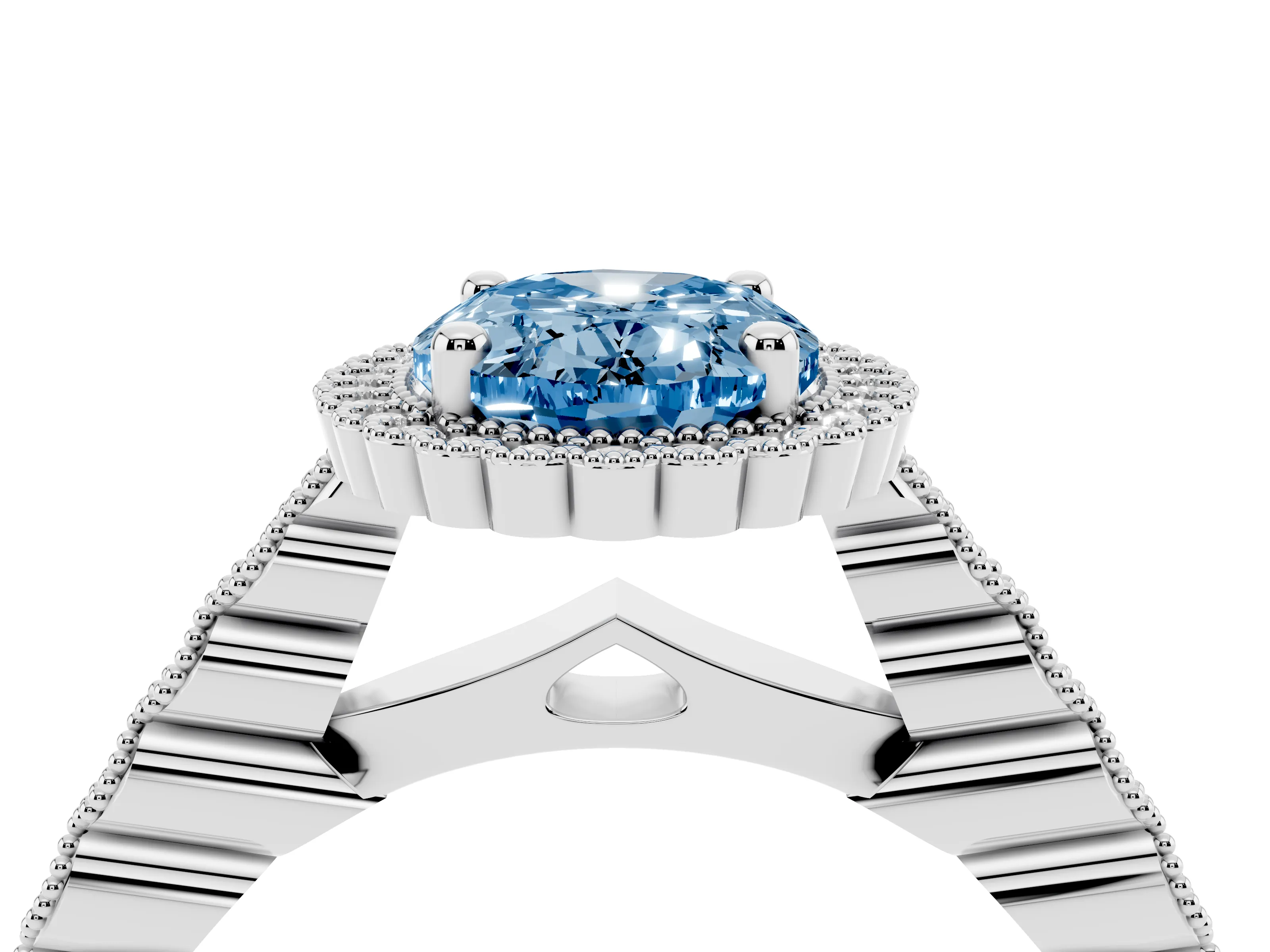 Fancy Blue Oval Cut Diamond Halo Ring Set in Platinum with Pavé Milgrain Band
