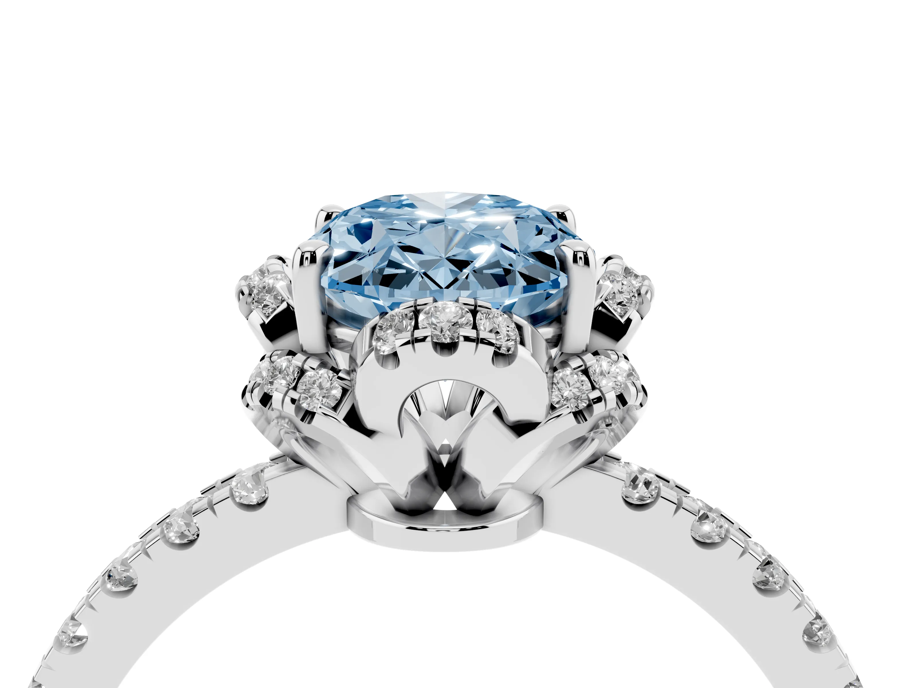 Fancy Blue Oval Cut Diamond Halo Pavé Band Ring Set in Silver with Prong-Held Center