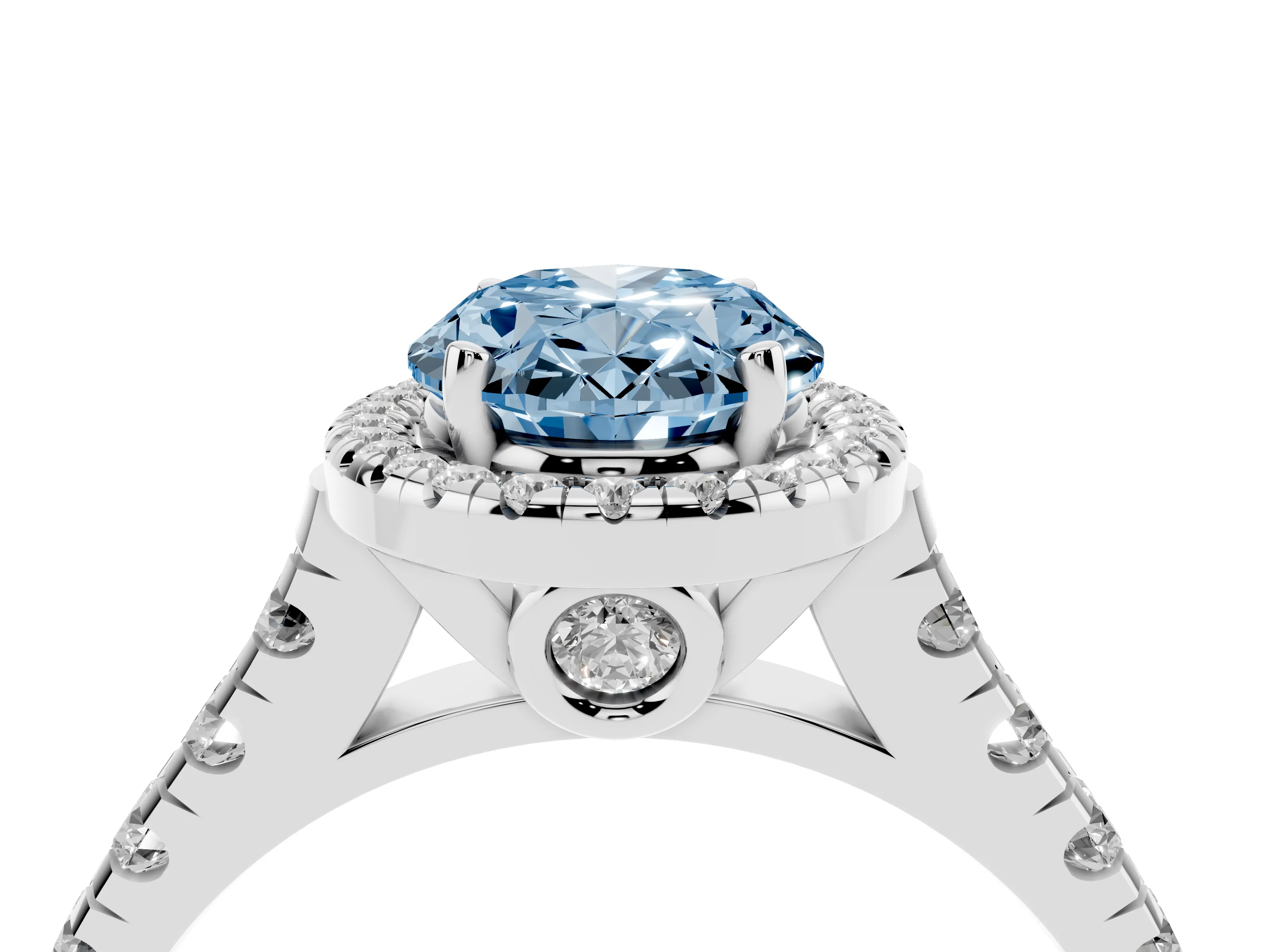 Fancy Blue Oval Cut Diamond Halo Engagement Ring Set in Platinum with Pavé Band and Prong-Set Center