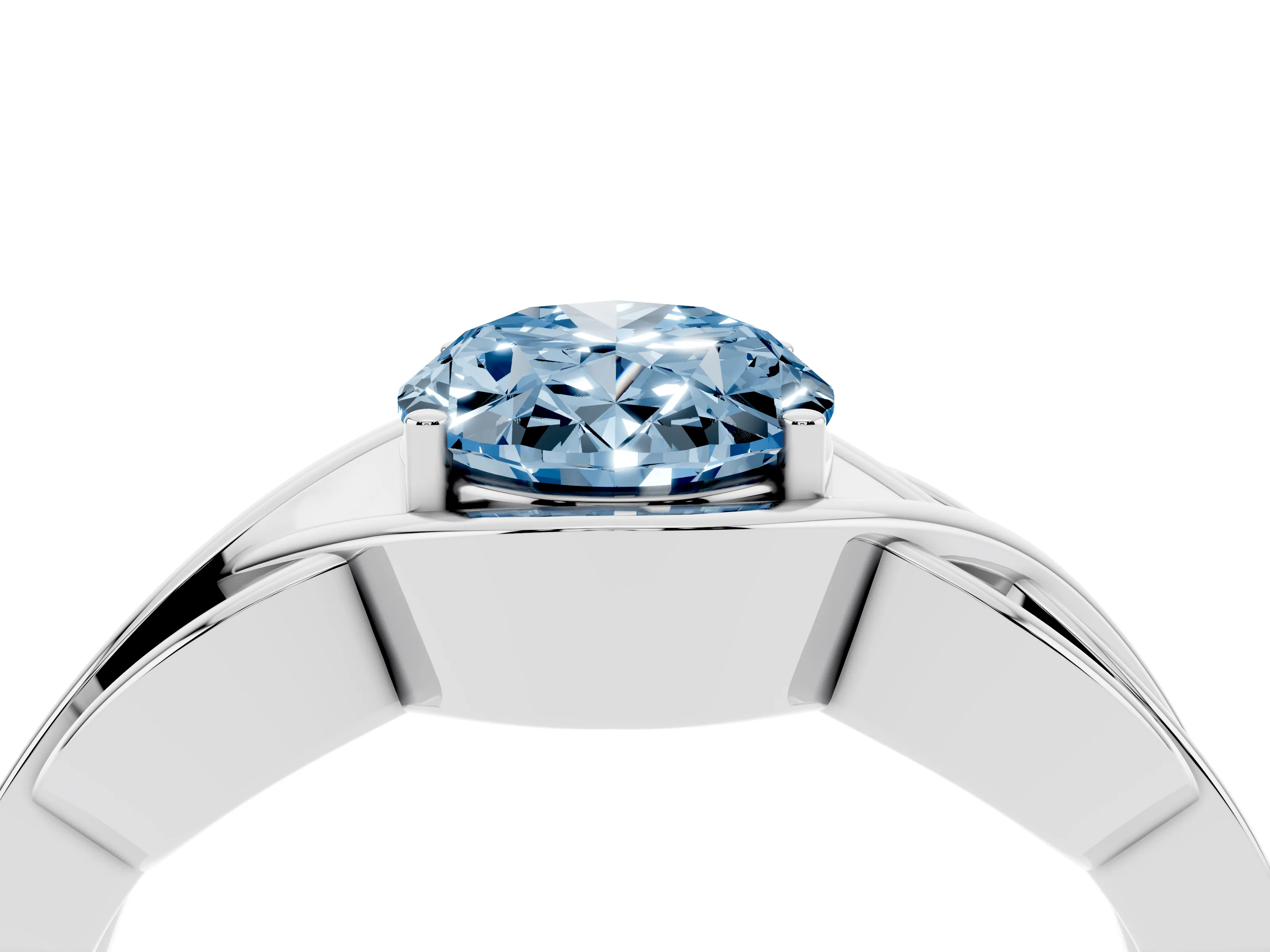 Fancy Blue Oval Cut Diamond Solitaire Ring Set in Platinum with Intertwined Band