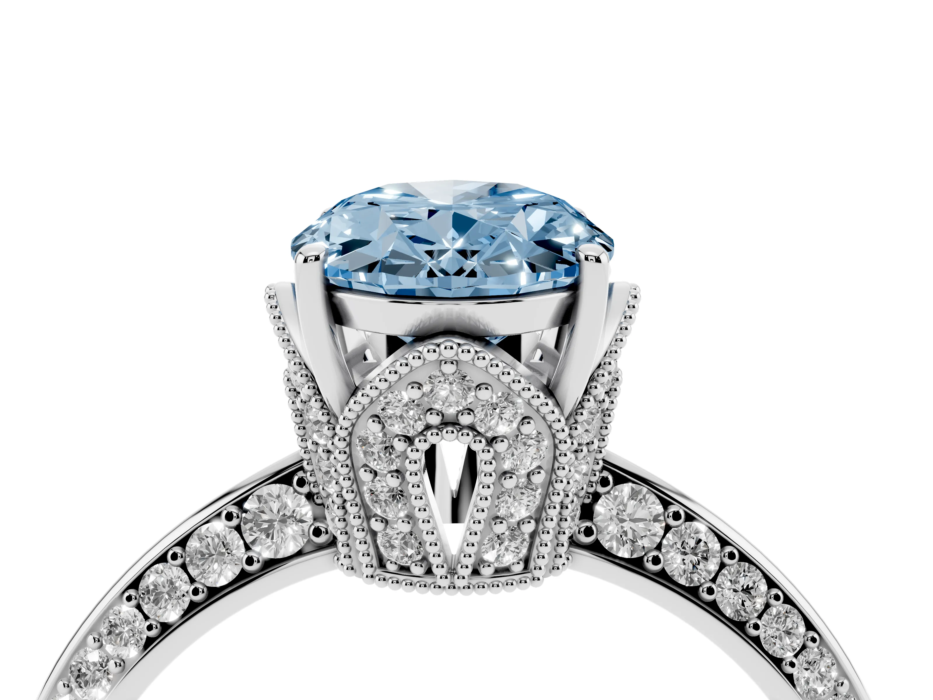 Fancy Blue Oval Cut Diamond Solitaire Engagement Ring Set in Silver with Pavé Split Shank and Prong Setting