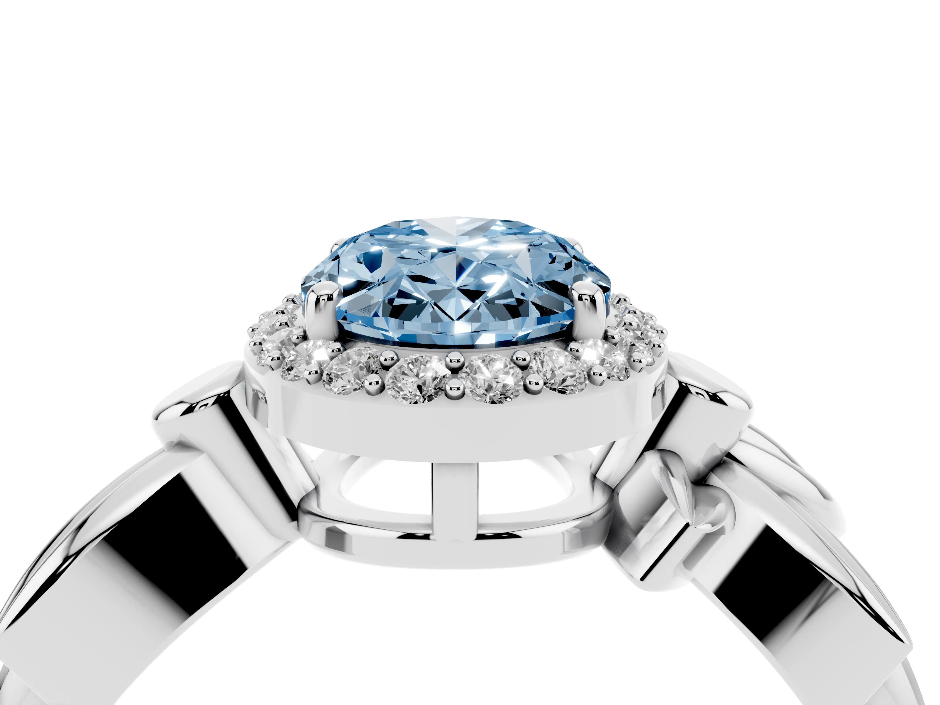 Fancy Blue Oval Cut Diamond Halo Floral Band Ring Set in Platinum with Prong Setting