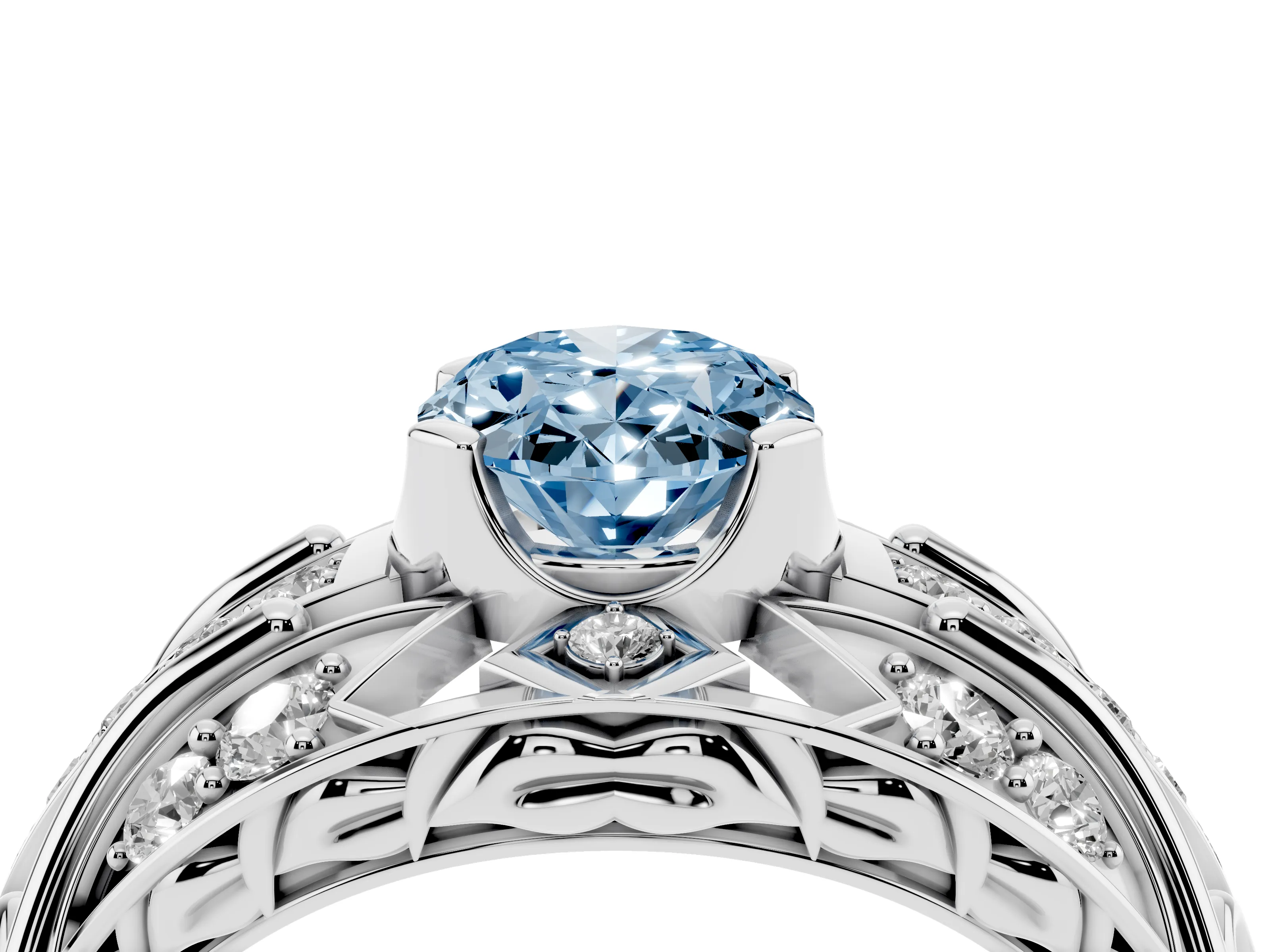 Fancy Blue Oval Cut Diamond Art Deco Ring Set in Platinum with Pavé Split Shank