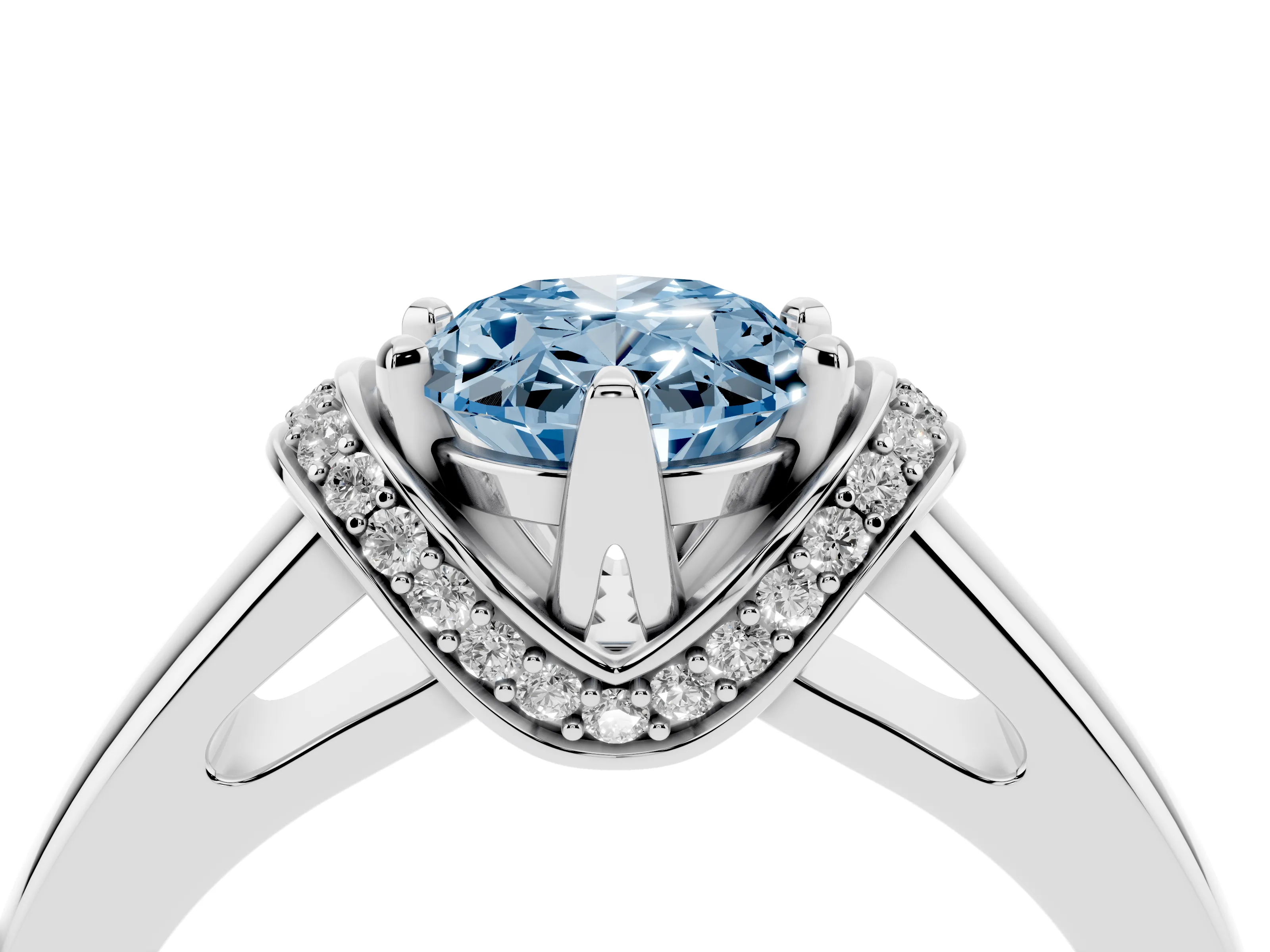 Fancy Blue Oval Cut Diamond Pavé Band Solitaire Ring Set in Platinum with Prong Setting