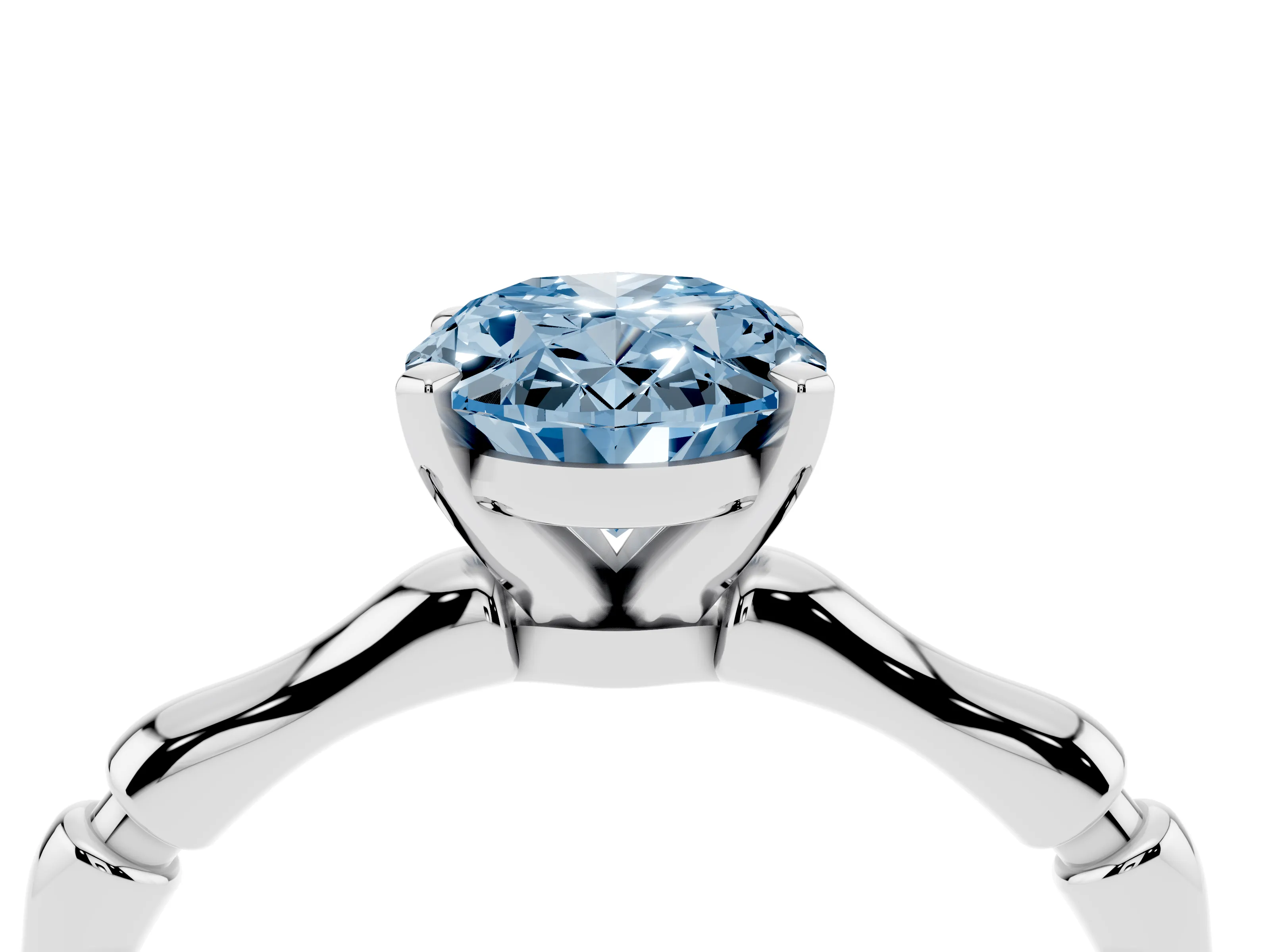 Fancy Blue Oval Cut Diamond Solitaire Ring Set in Silver with Bamboo Band and Prong Setting