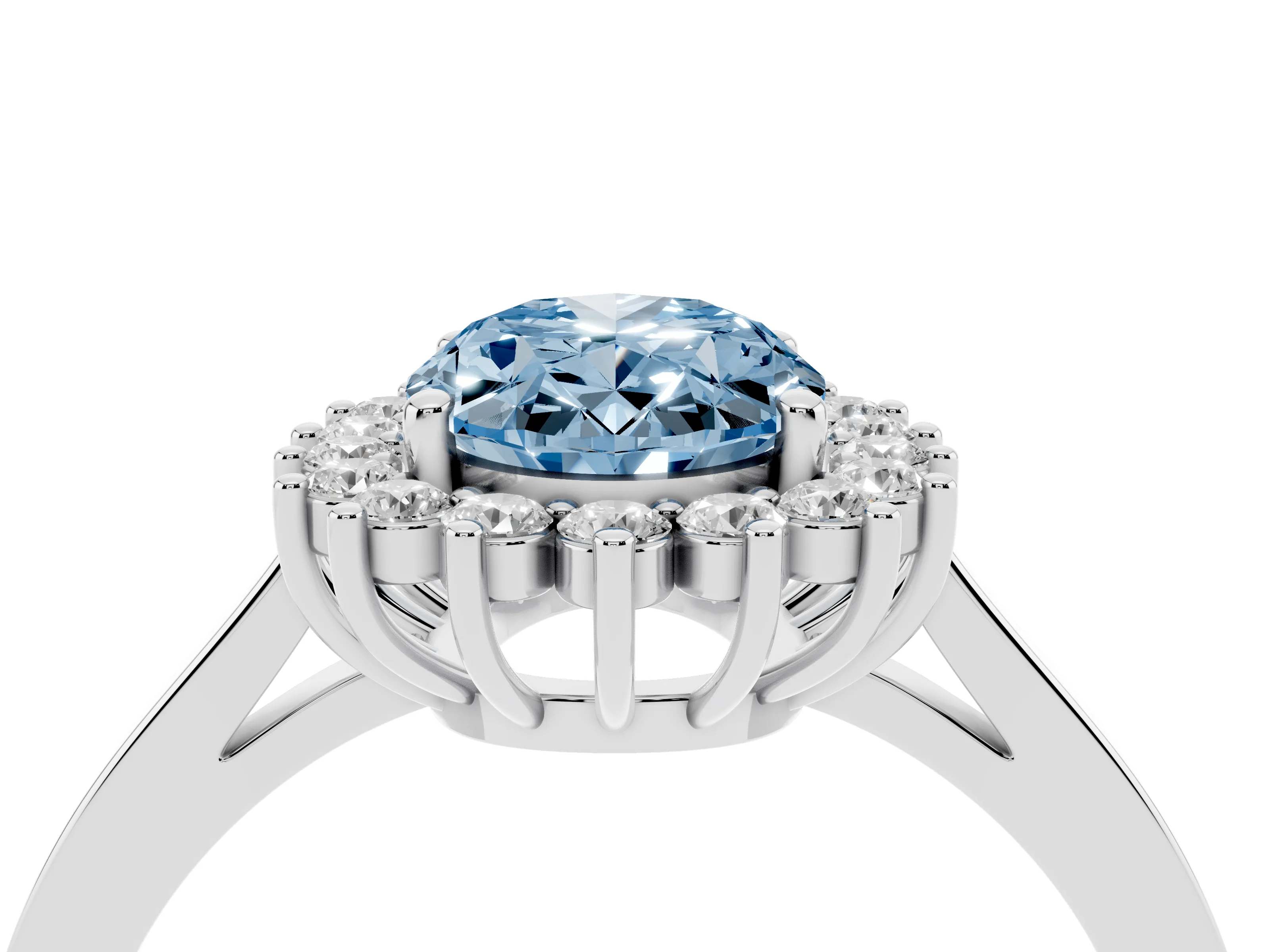 Fancy Blue Oval Cut Diamond Halo Ring Set in White gold with Round Halo and Smooth Solitaire Band