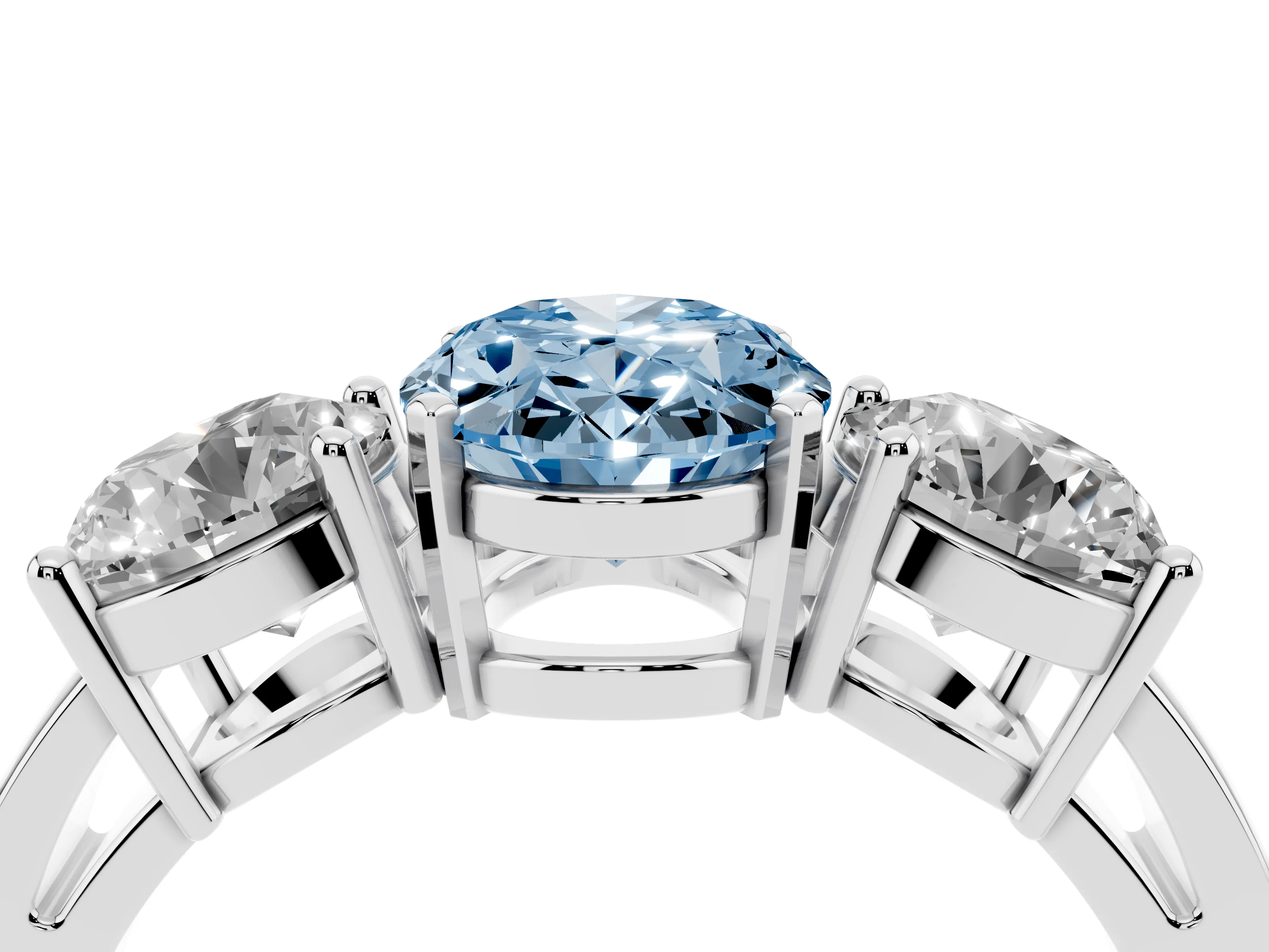 Fancy Blue Oval Cut Diamond Three-Stone Ring Set in Platinum with Round Side Stones and Classic Band