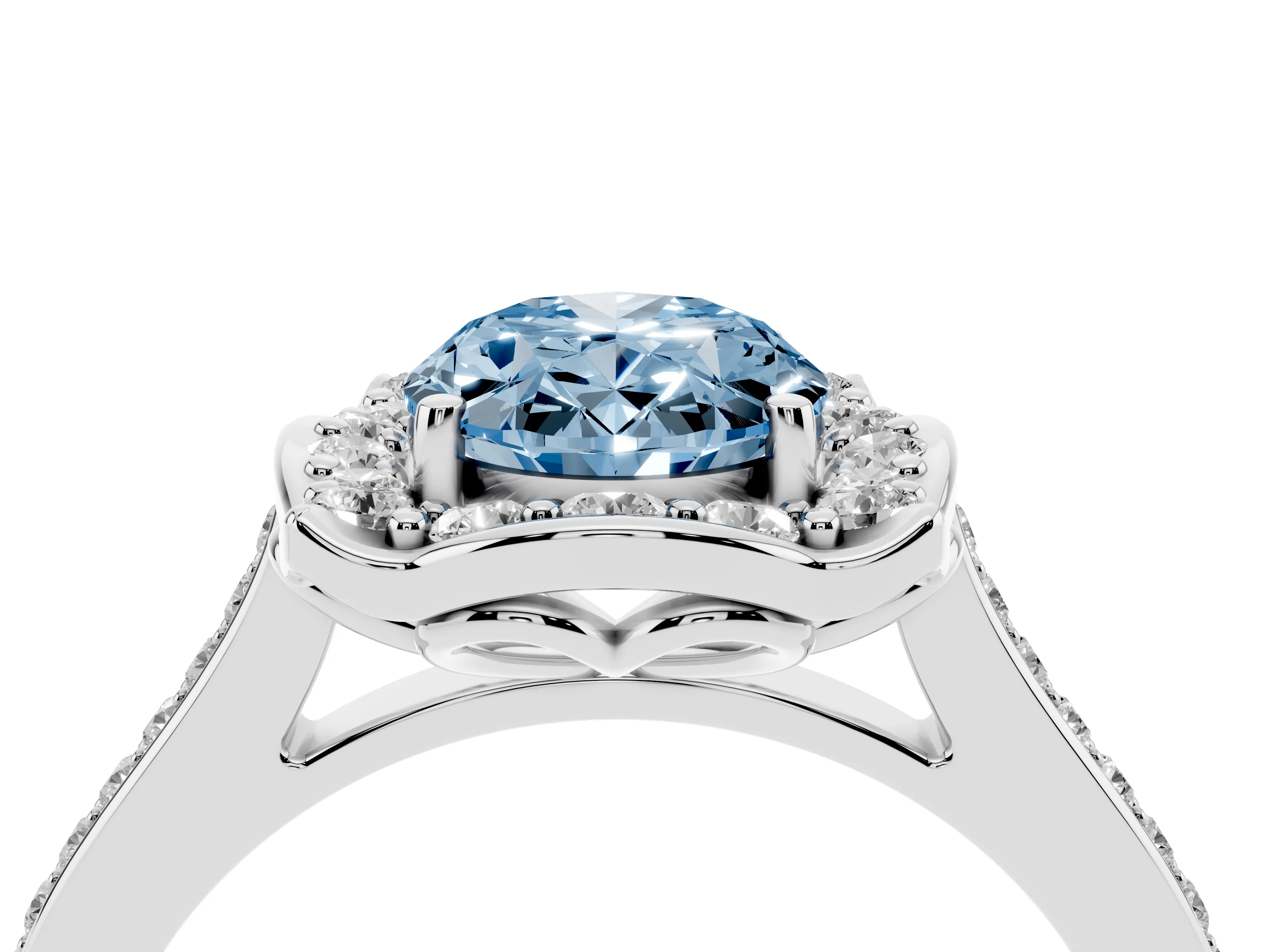Fancy Blue Oval Cut Diamond Halo Ring Set in Silver with Pavé-Lined Shoulders and Prong Setting