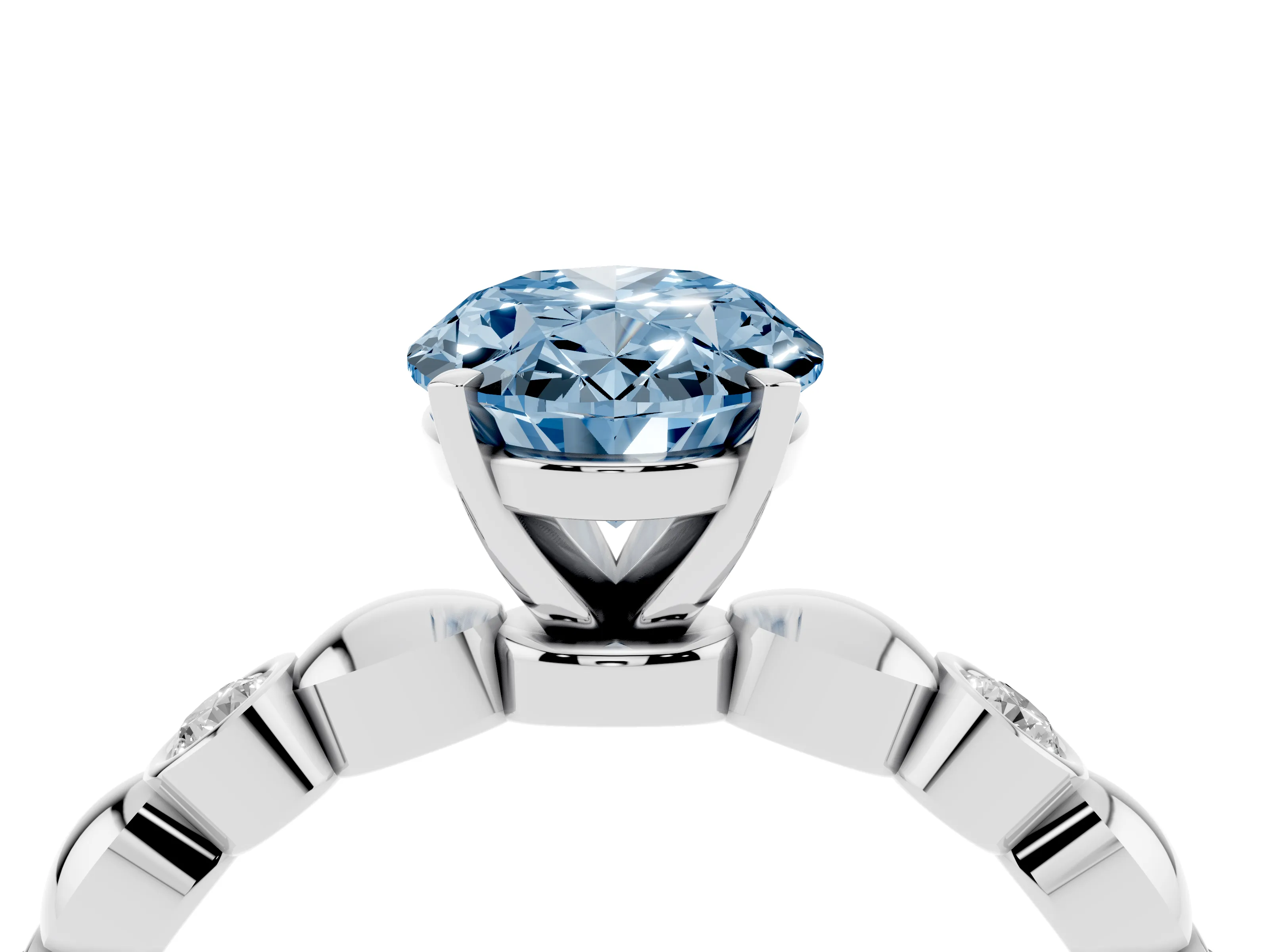 Fancy Blue Oval Cut Diamond Solitaire Ring Set in Platinum with Bezel-Set Accents on Beaded Band and Prong Setting