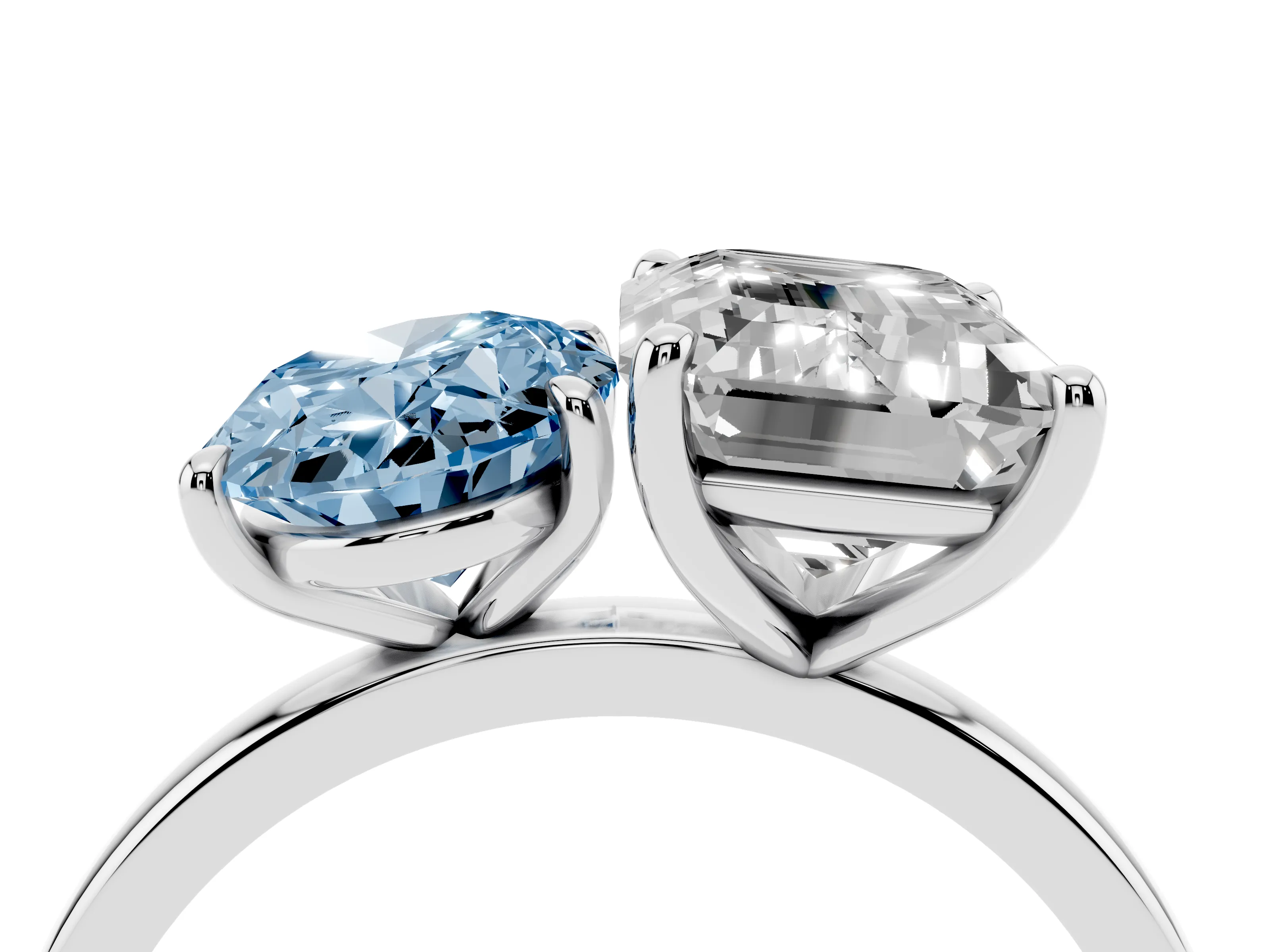 Fancy Blue Oval Cut and Emerald Cut Toi Moi Ring Set in Platinum with Prong Setting
