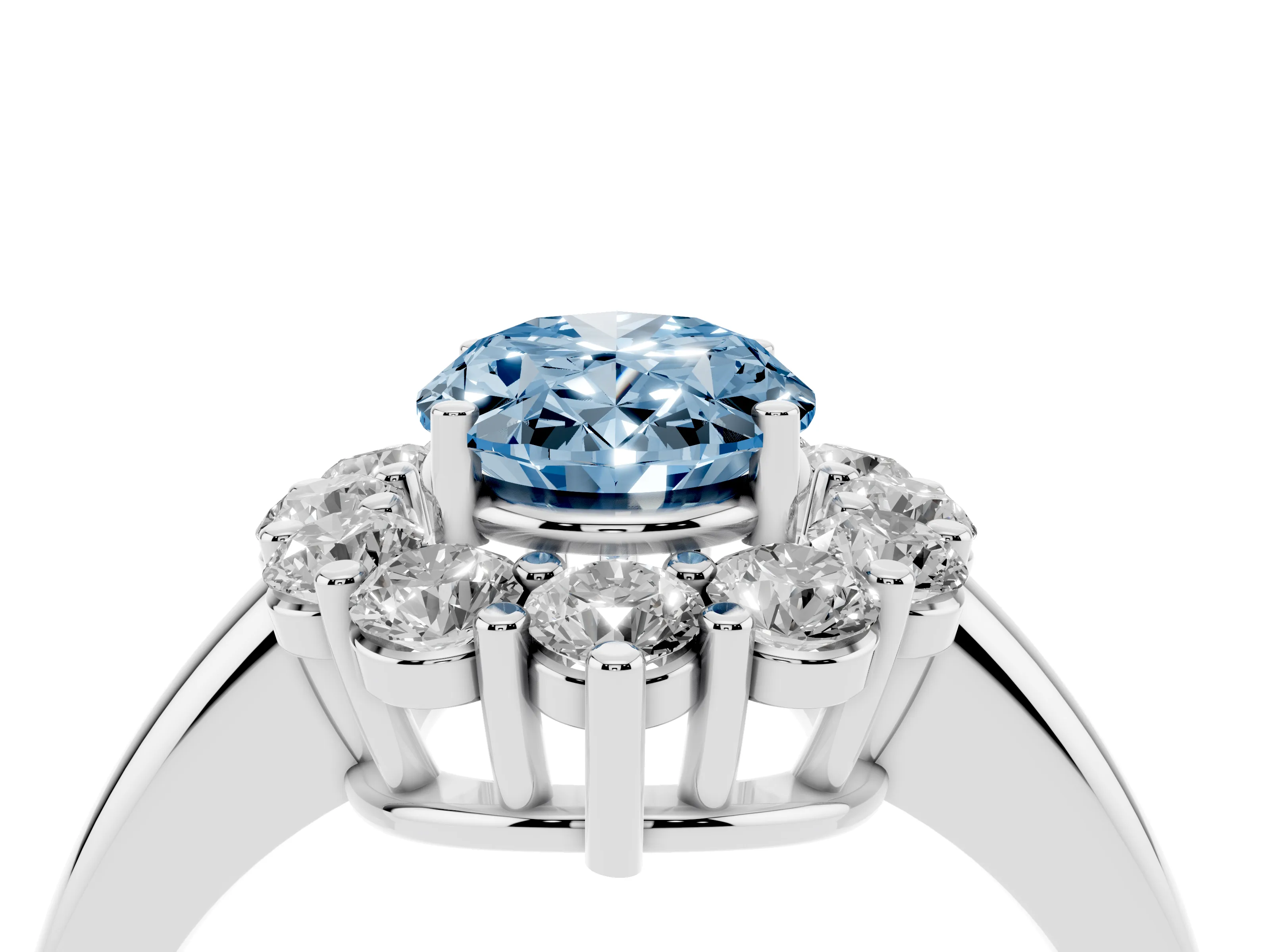Fancy Blue Oval Cut Diamond Halo Cluster Engagement Ring Set in Platinum with Polished Band and Prong Setting