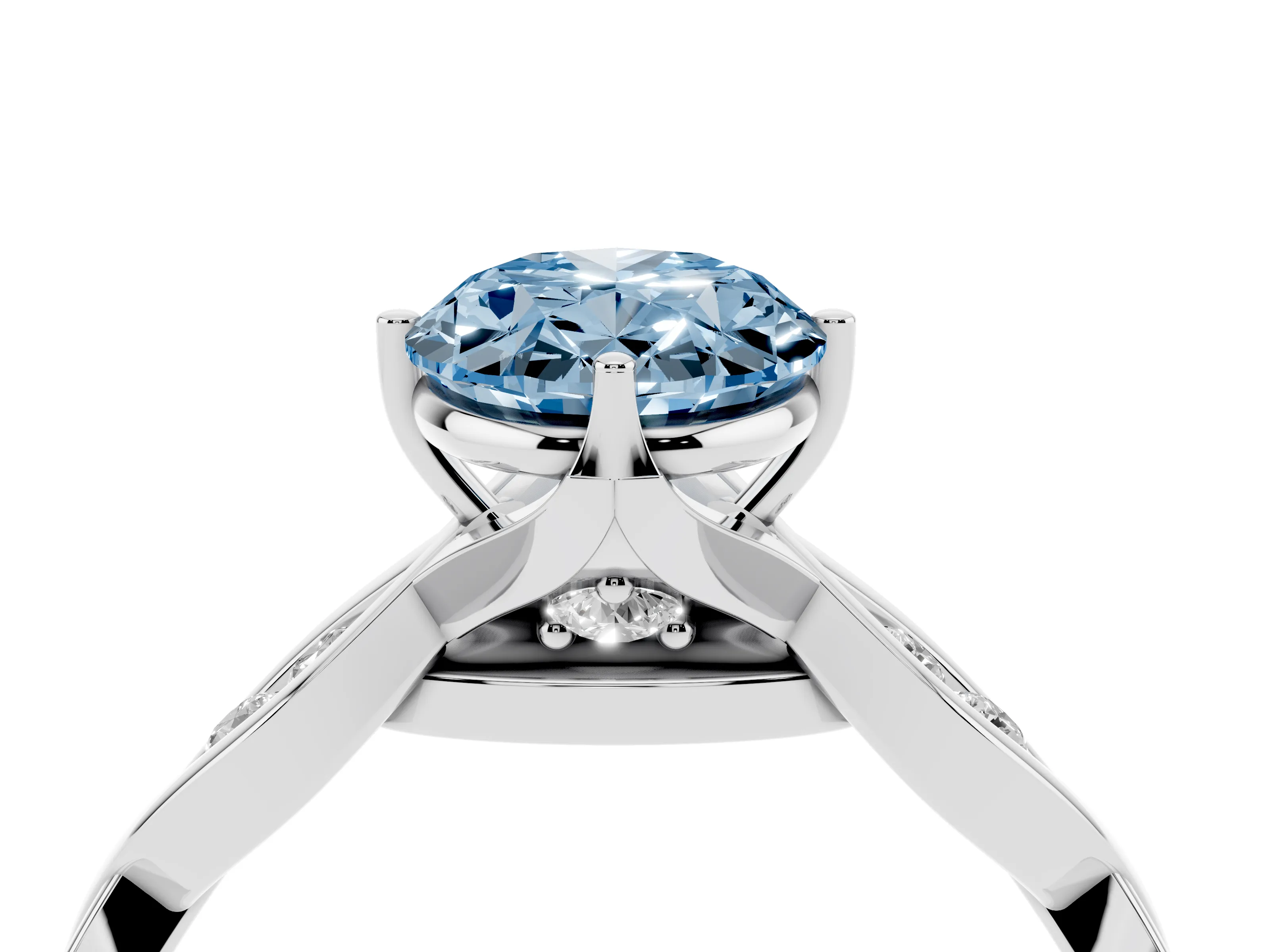 Fancy Blue Oval Cut Diamond Twist Band Solitaire Ring Set in Silver with Leaf Prong Setting and Accent Stones