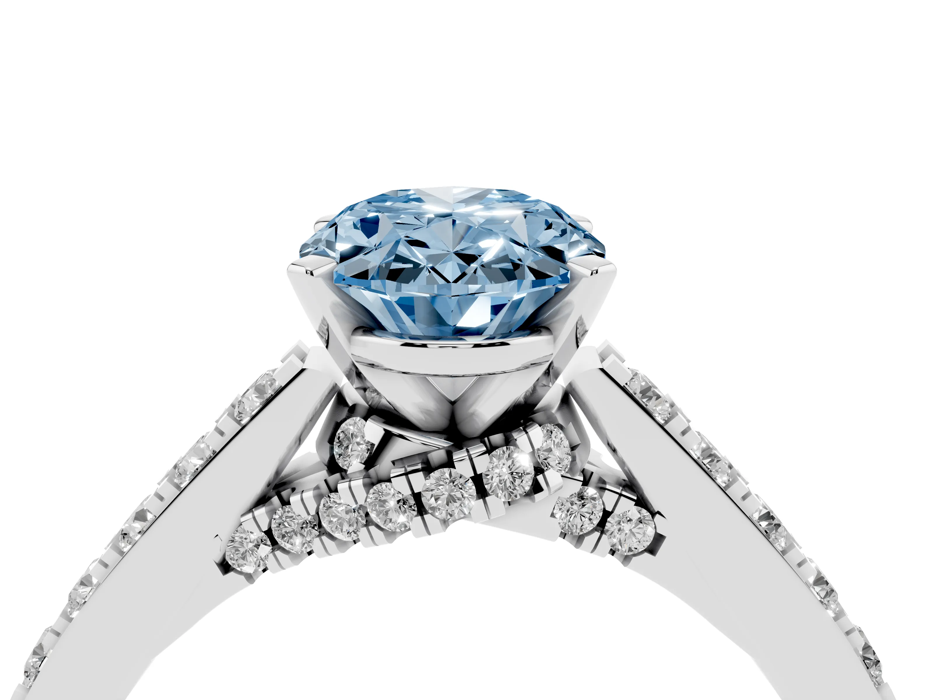 Fancy Blue Oval Cut Diamond Solitaire Ring Set in White gold with Crossover Gallery and Round Pavé Band