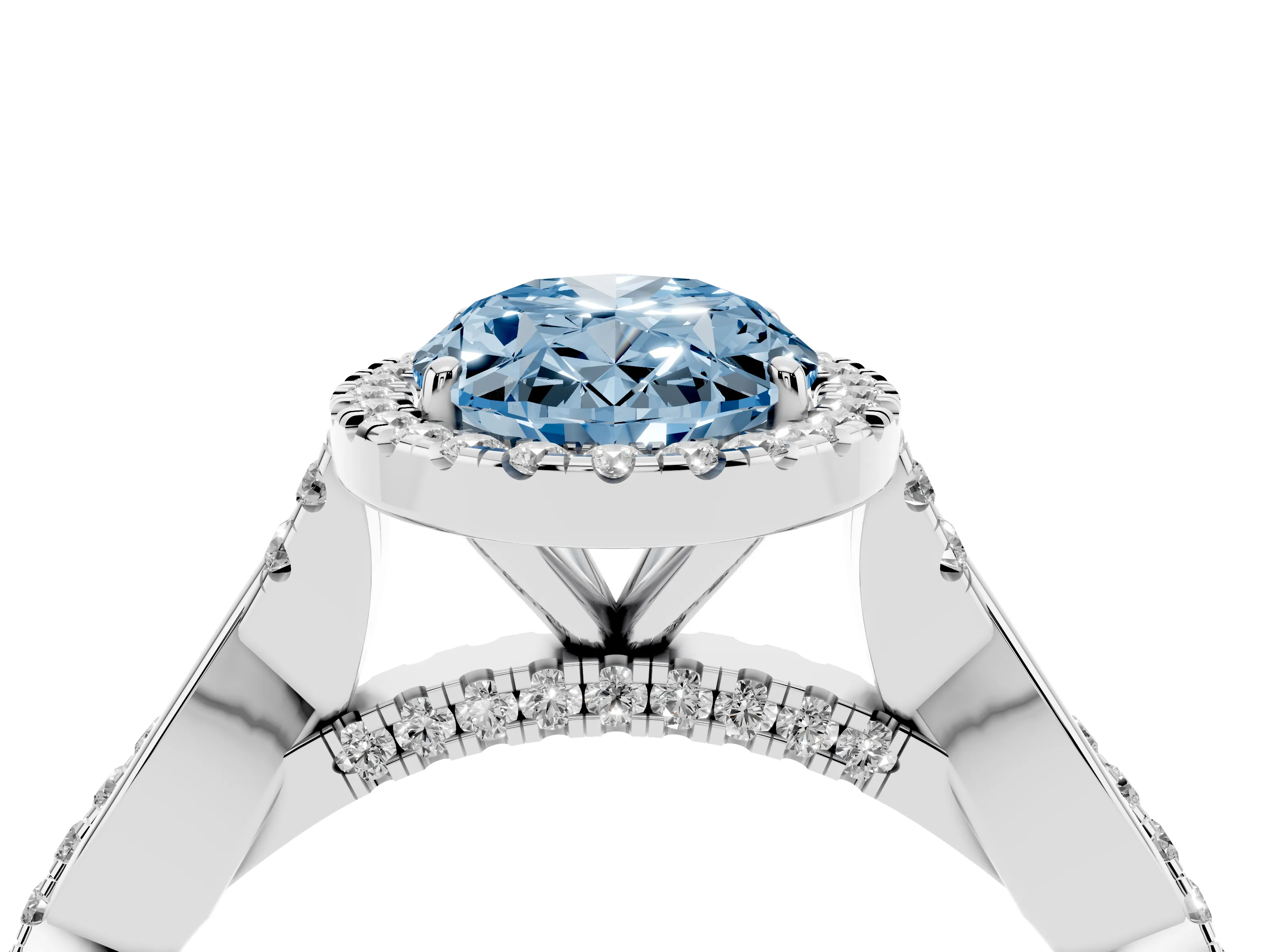 Fancy Blue Oval Cut Diamond Halo Twist Band Solitaire Ring Set in Silver with Prong Setting