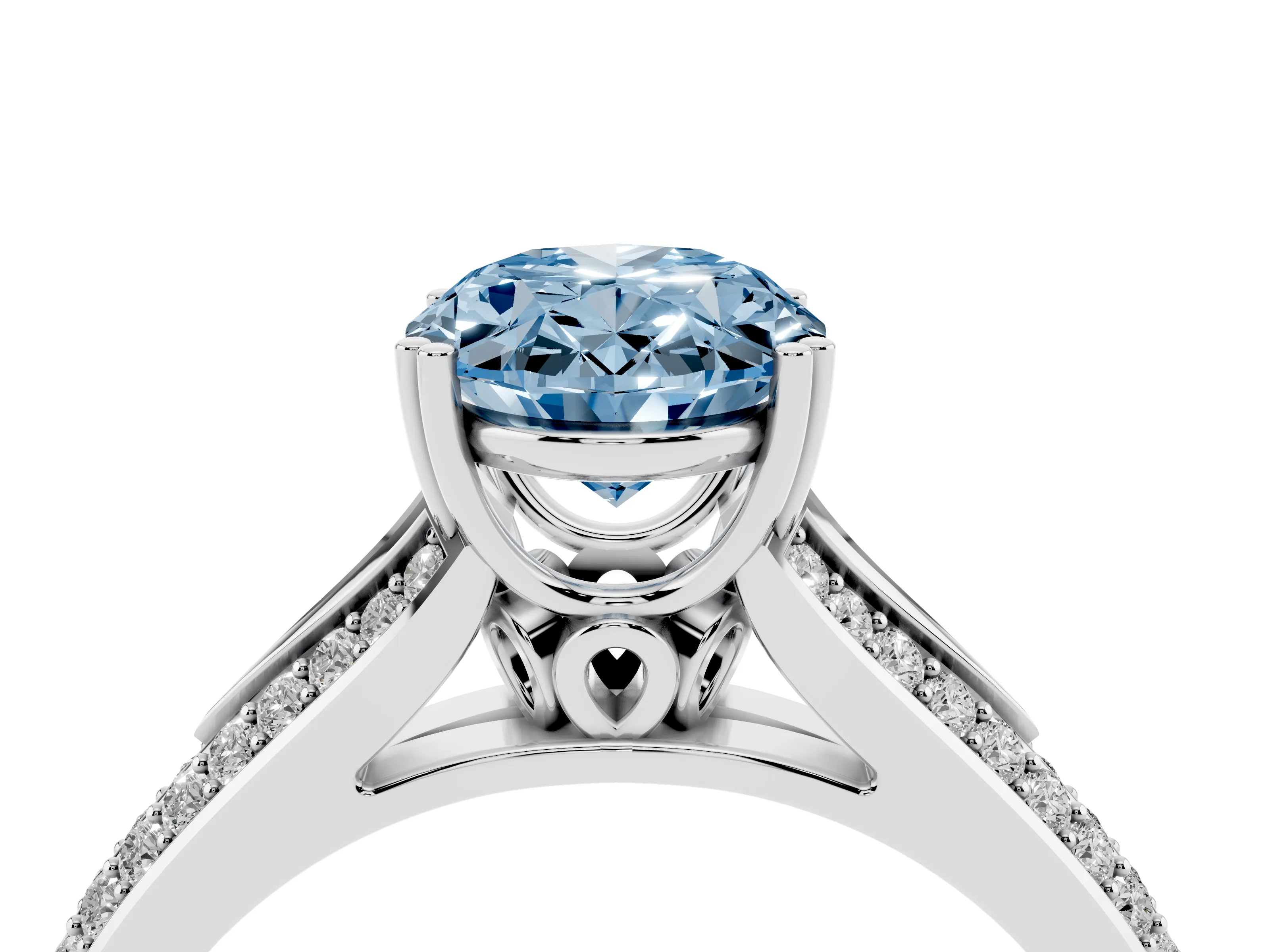 Fancy Blue Oval Cut Diamond Split Shank Pavé Engagement Ring Set in White gold with Prong-Set Center Stone