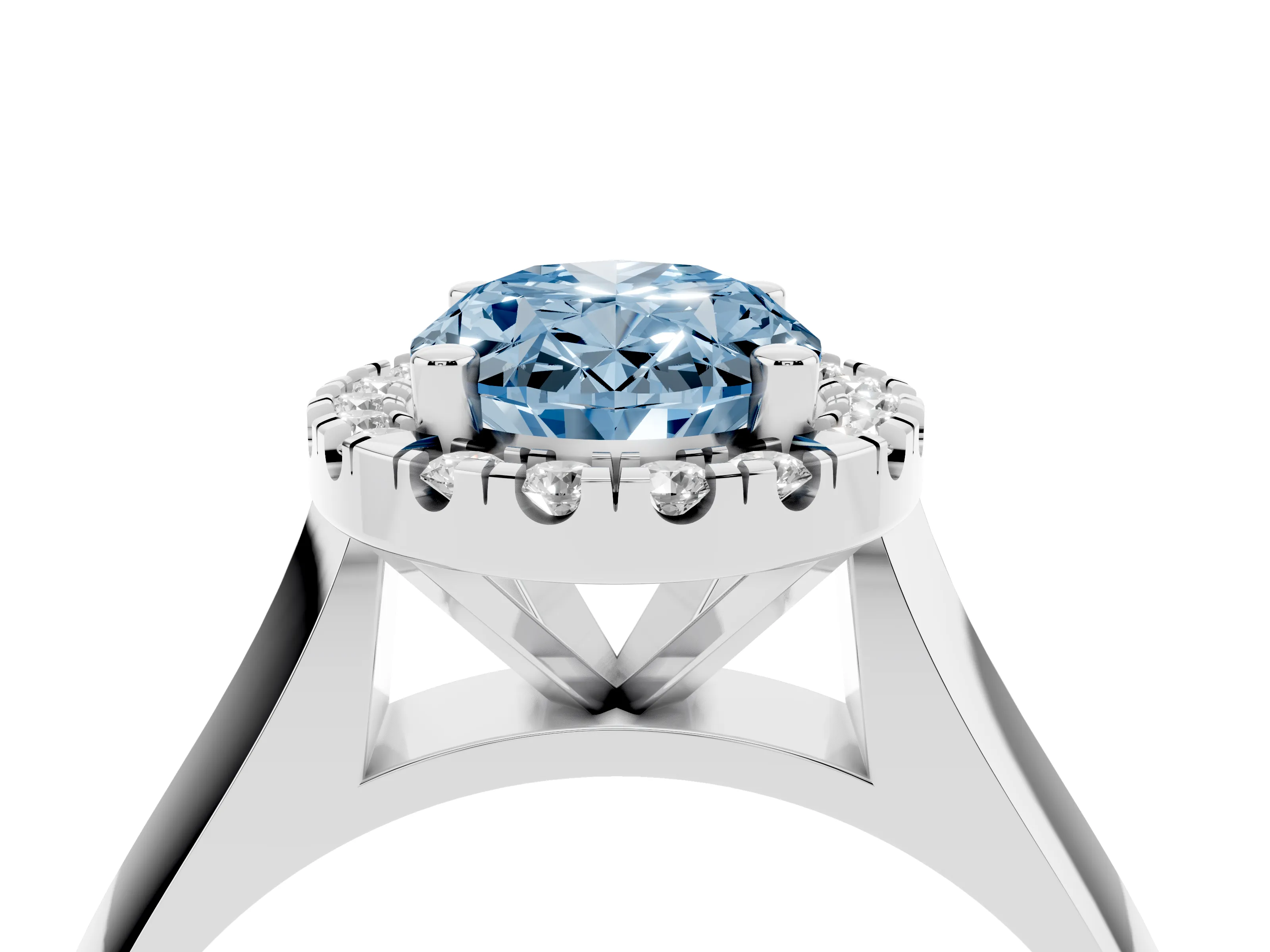 Fancy Blue Oval Cut Diamond Halo Solitaire Engagement Ring Set in Platinum with Square Band and Prong Setting