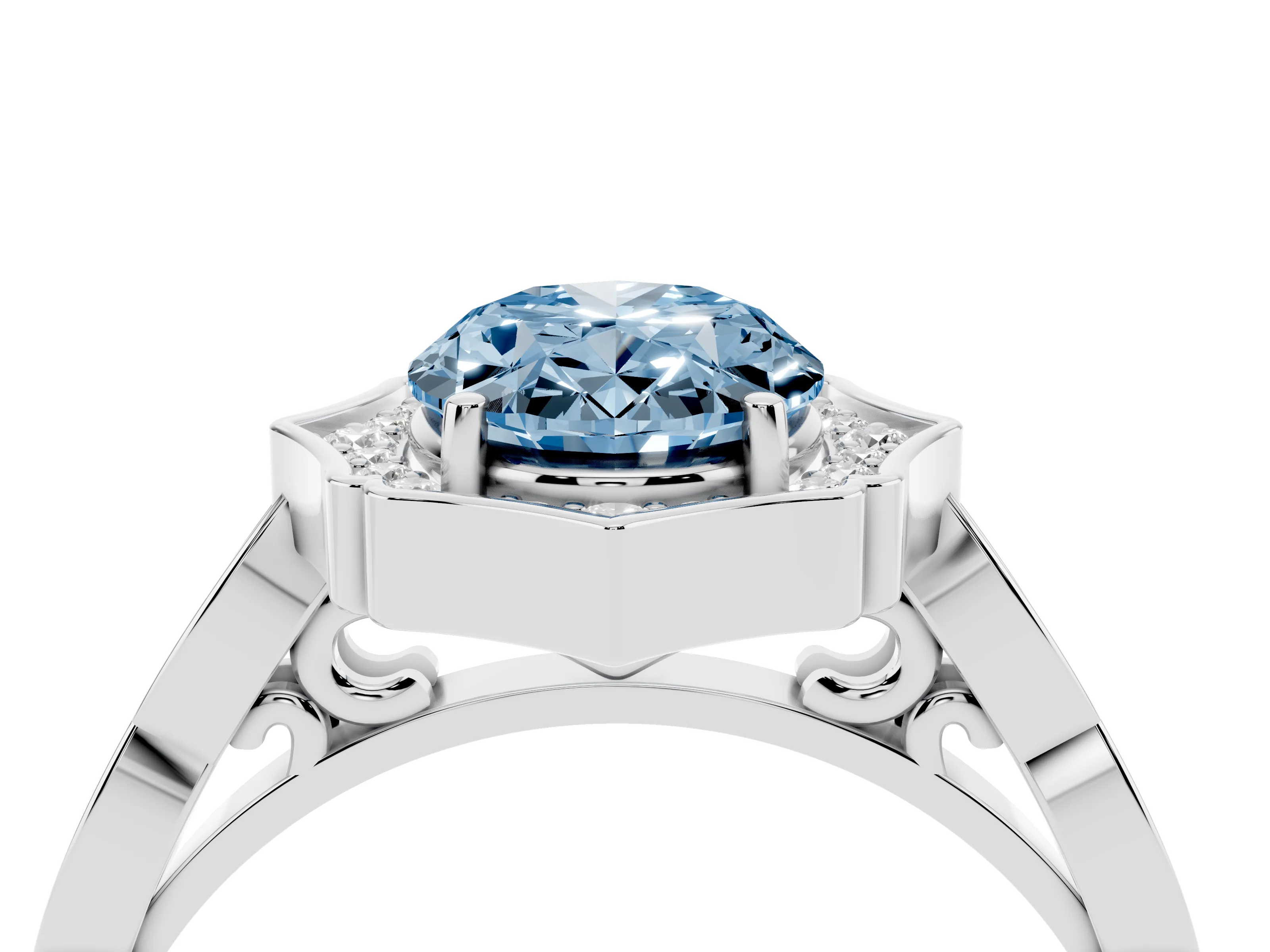 Fancy Blue Oval Cut Diamond Halo Engagement Ring Set in White gold with Milgrain Band and Prong Setting