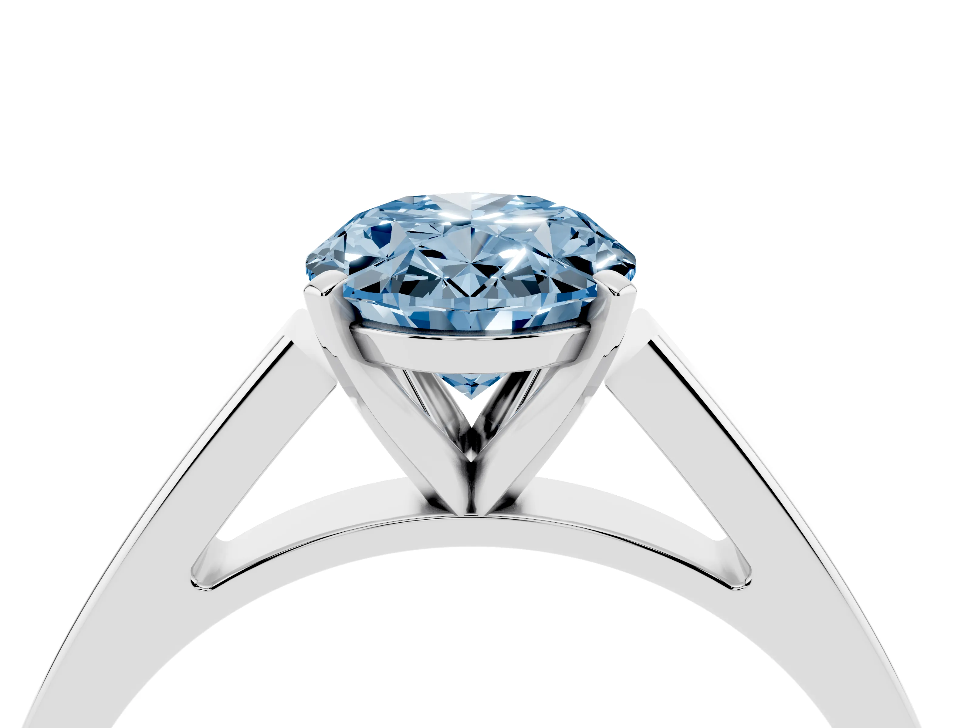 Fancy Blue Oval Cut Diamond Solitaire Engagement Ring Set in Silver with Prong Setting and Tapered Band