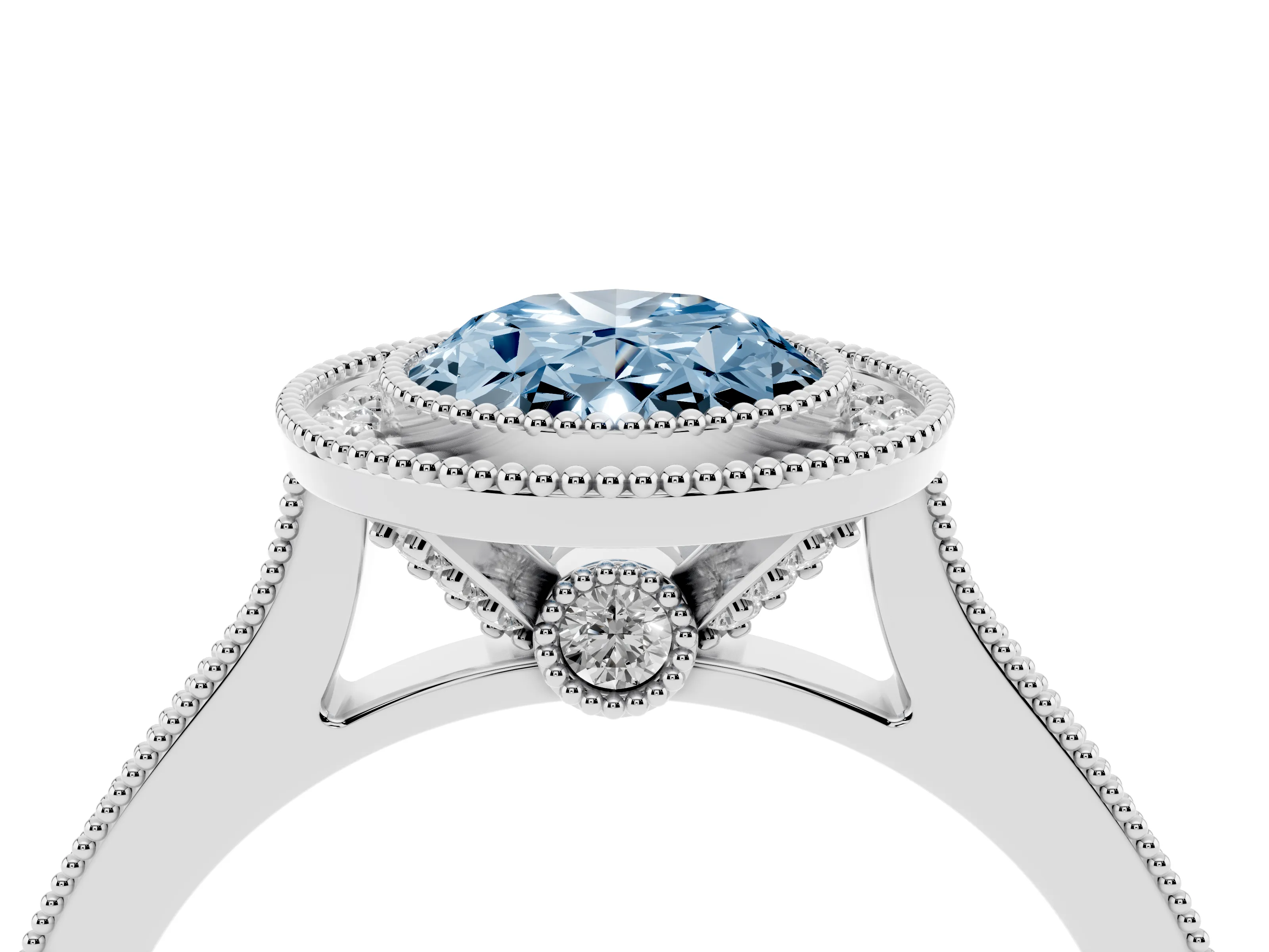 Fancy Blue Oval Cut Diamond Halo Milgrain Pavé Band Ring Set in Silver with Prong Setting