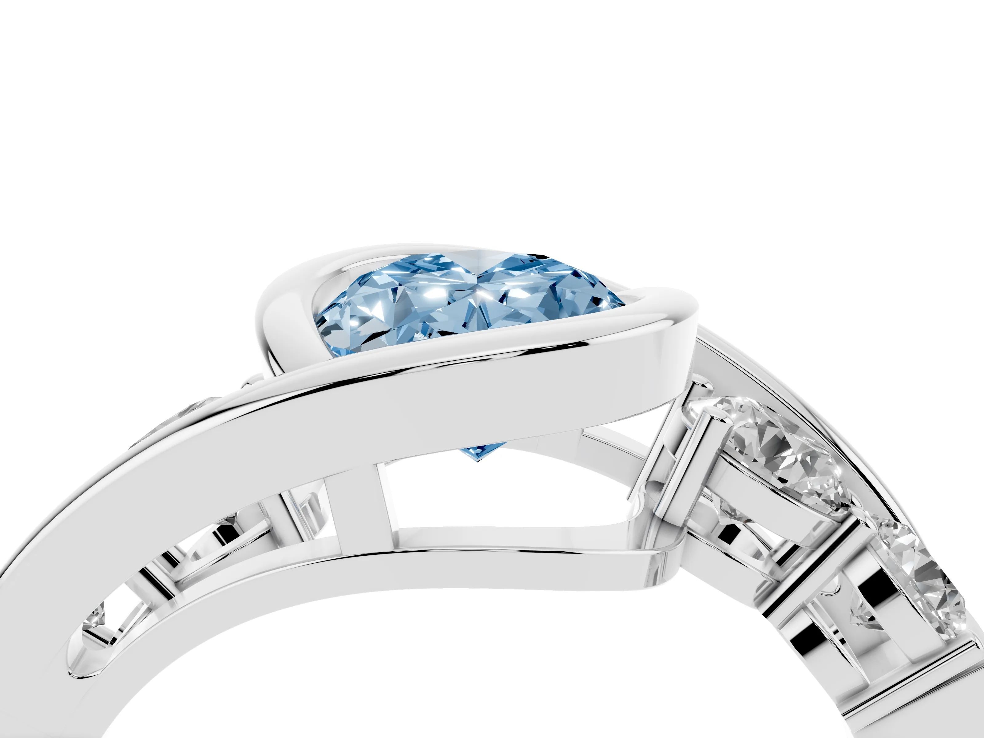Fancy Blue Oval Cut Diamond Bezel Bypass Ring Set in Silver with Round Accents