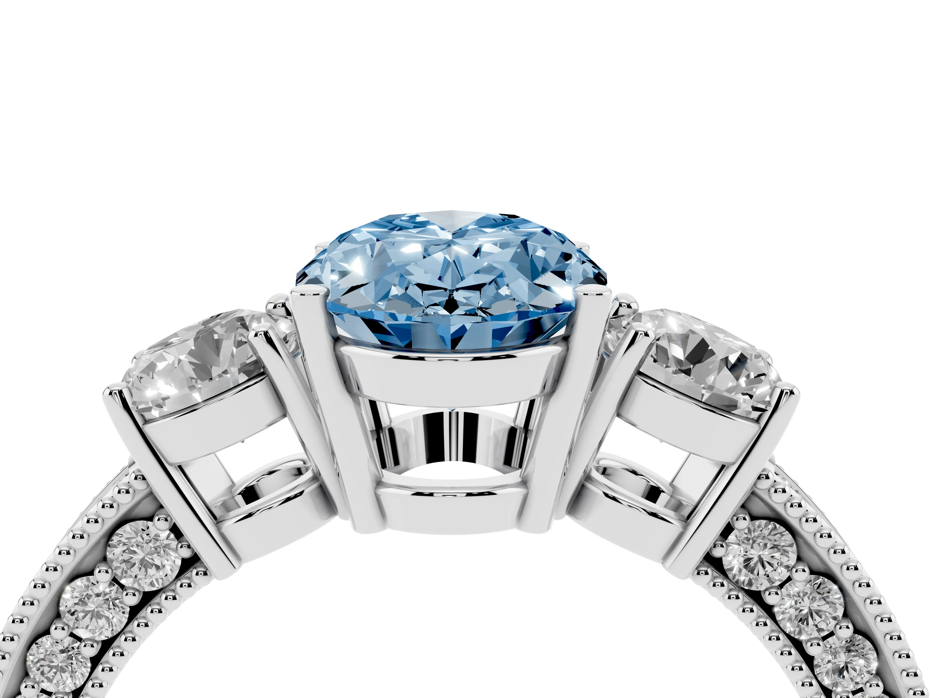 Fancy Blue Oval Cut Diamond Three-Stone Ring Set in Silver with Round Side Stones and Pavé Band